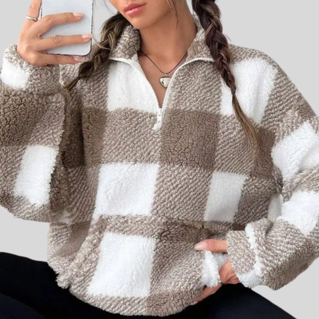 MALDA™ - Chic Plaid Print Half Zip Long Sleeve Sweater
