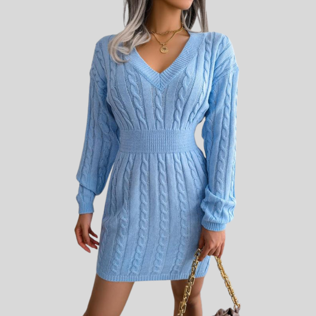 HOLLY™ - Cozy Long Sleeve V-Neck Cable Knit Sweater Dress