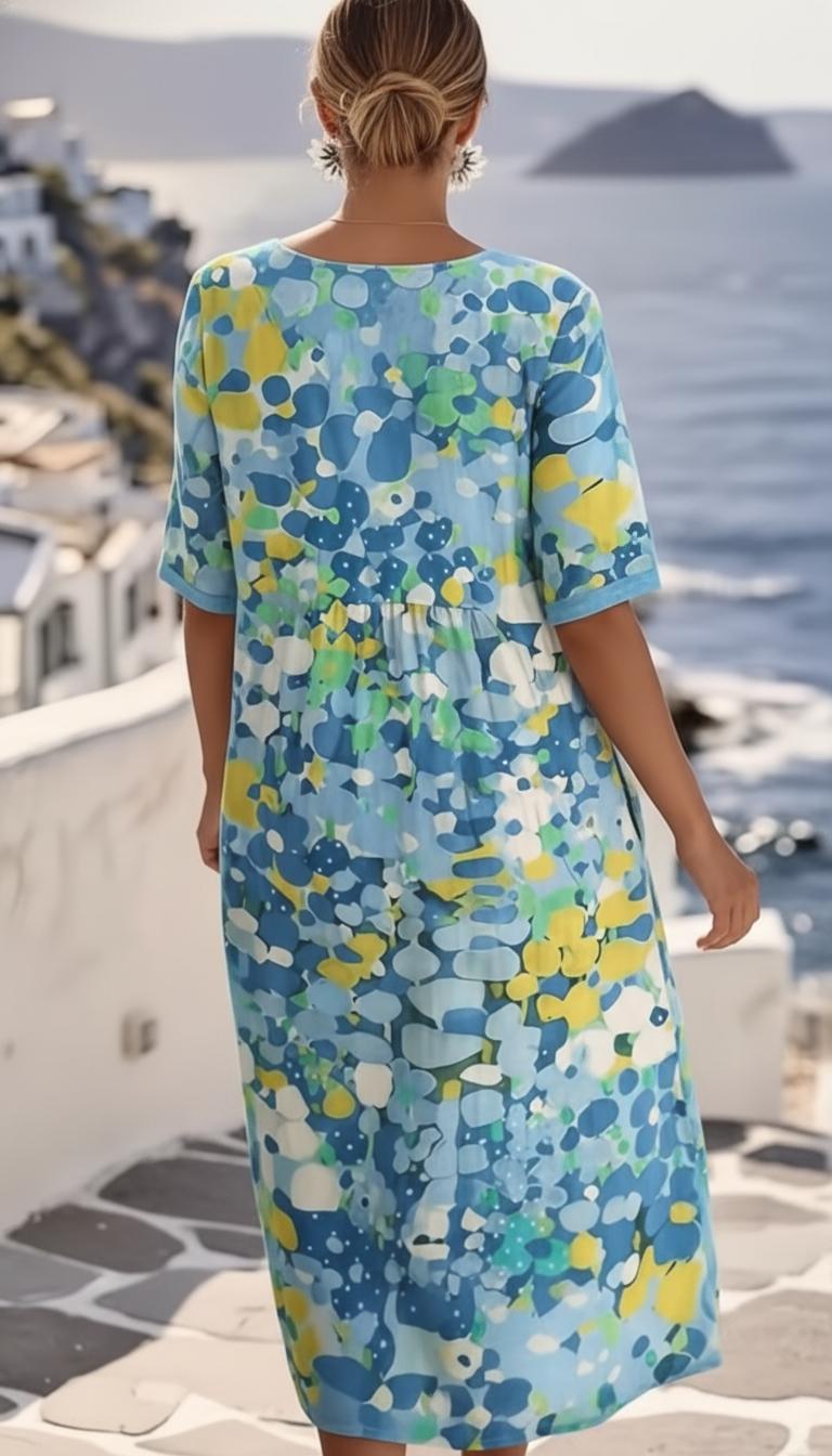 Blue Abstract Floral Print Casual Midi Dress