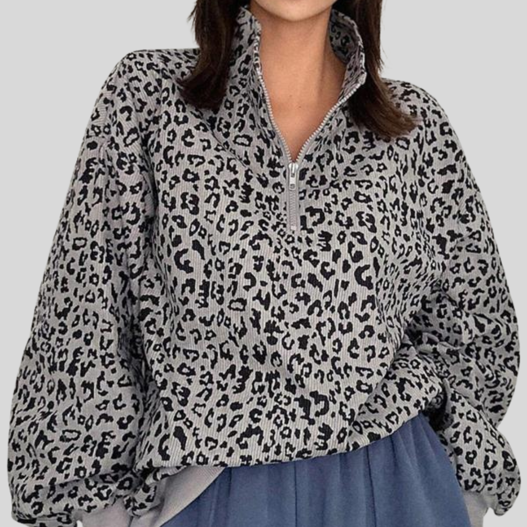 INGRID™ - Women’s Casual Zip-Up Front Leopard Print Sweatshirt Long Sleeve