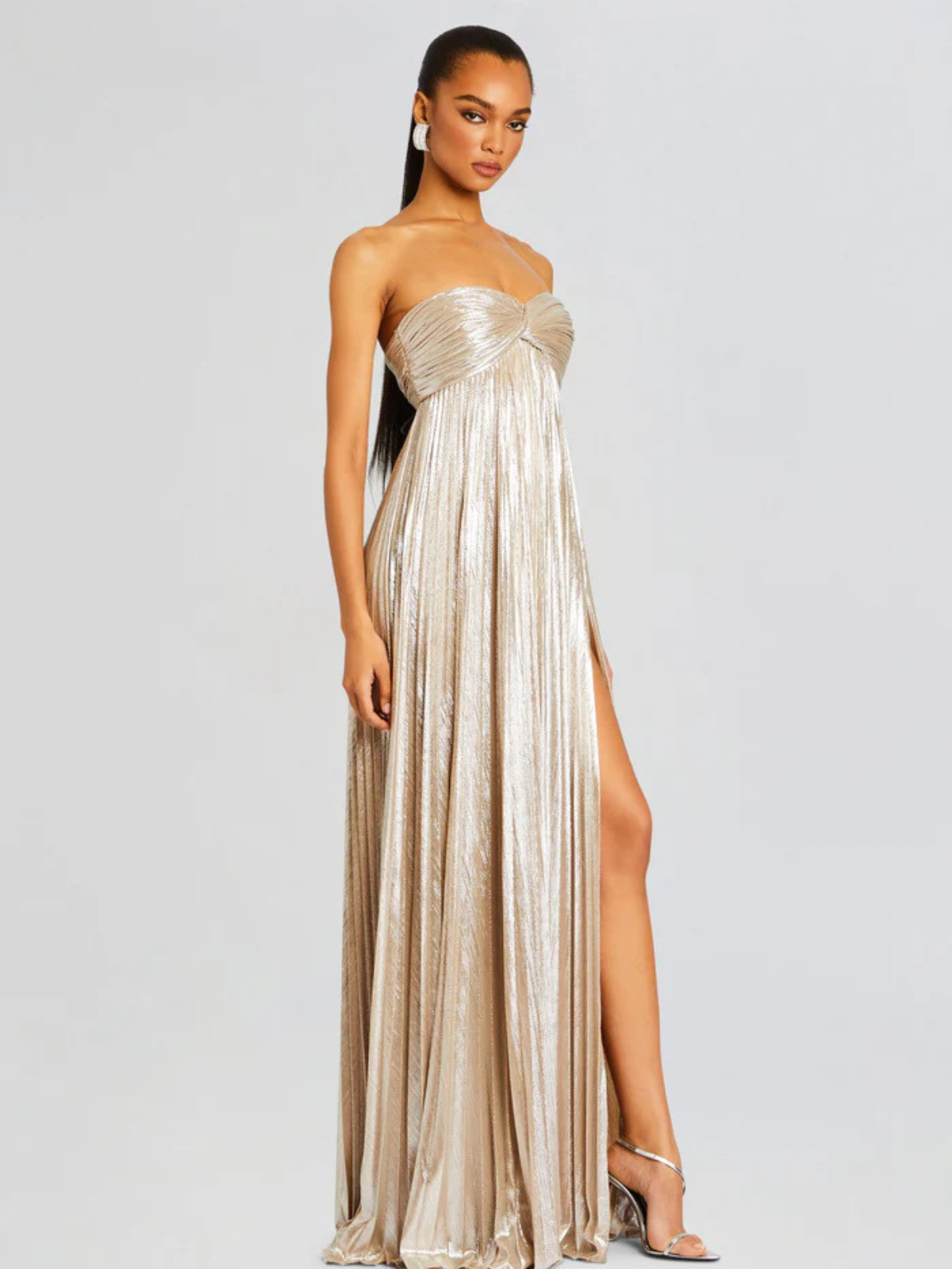Women's Evening Strapless Maxi Dress with Twisted Bodice and High Slit