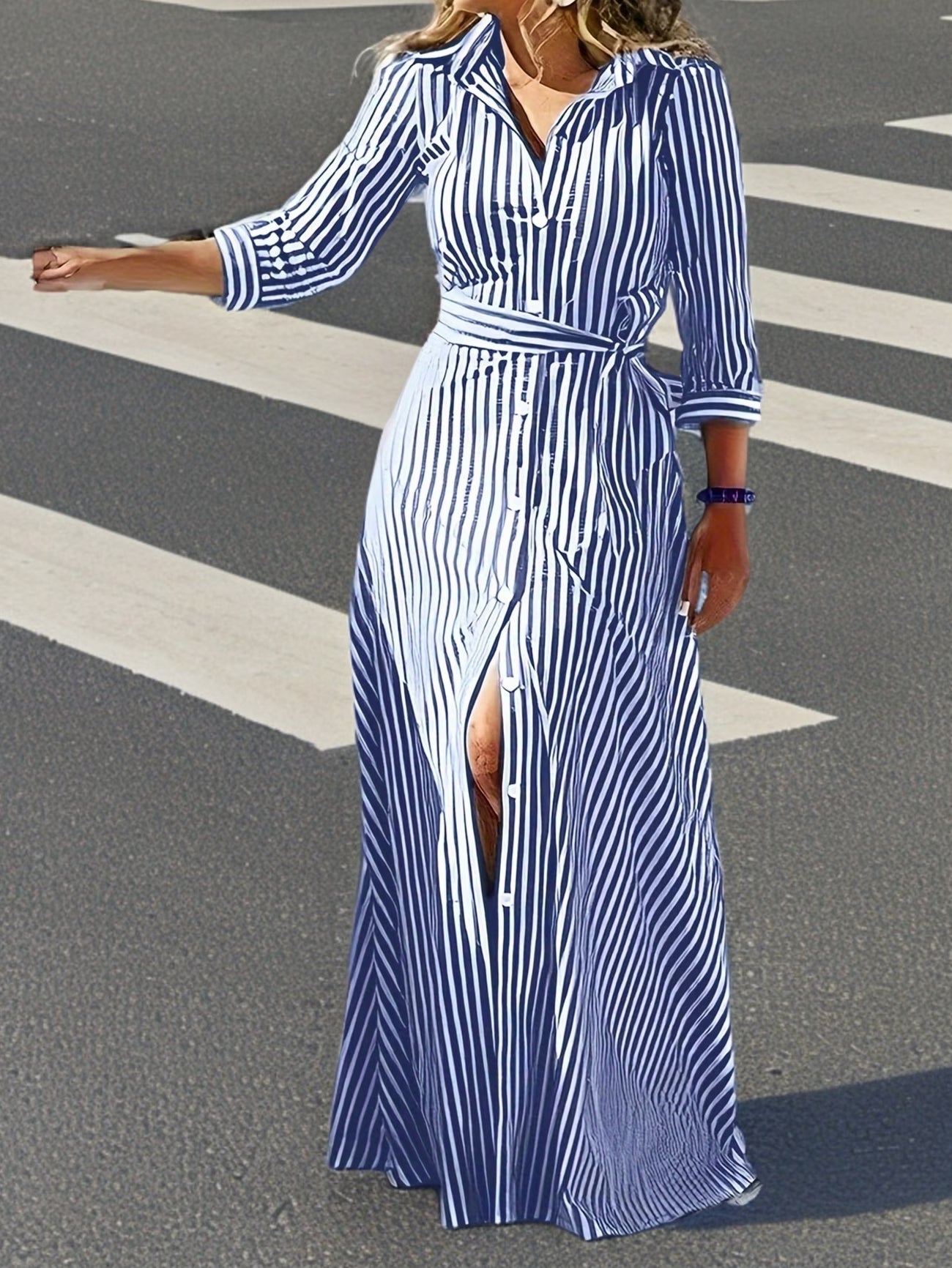 Tiffany | Casual Long Sleeve Striped Print Dress