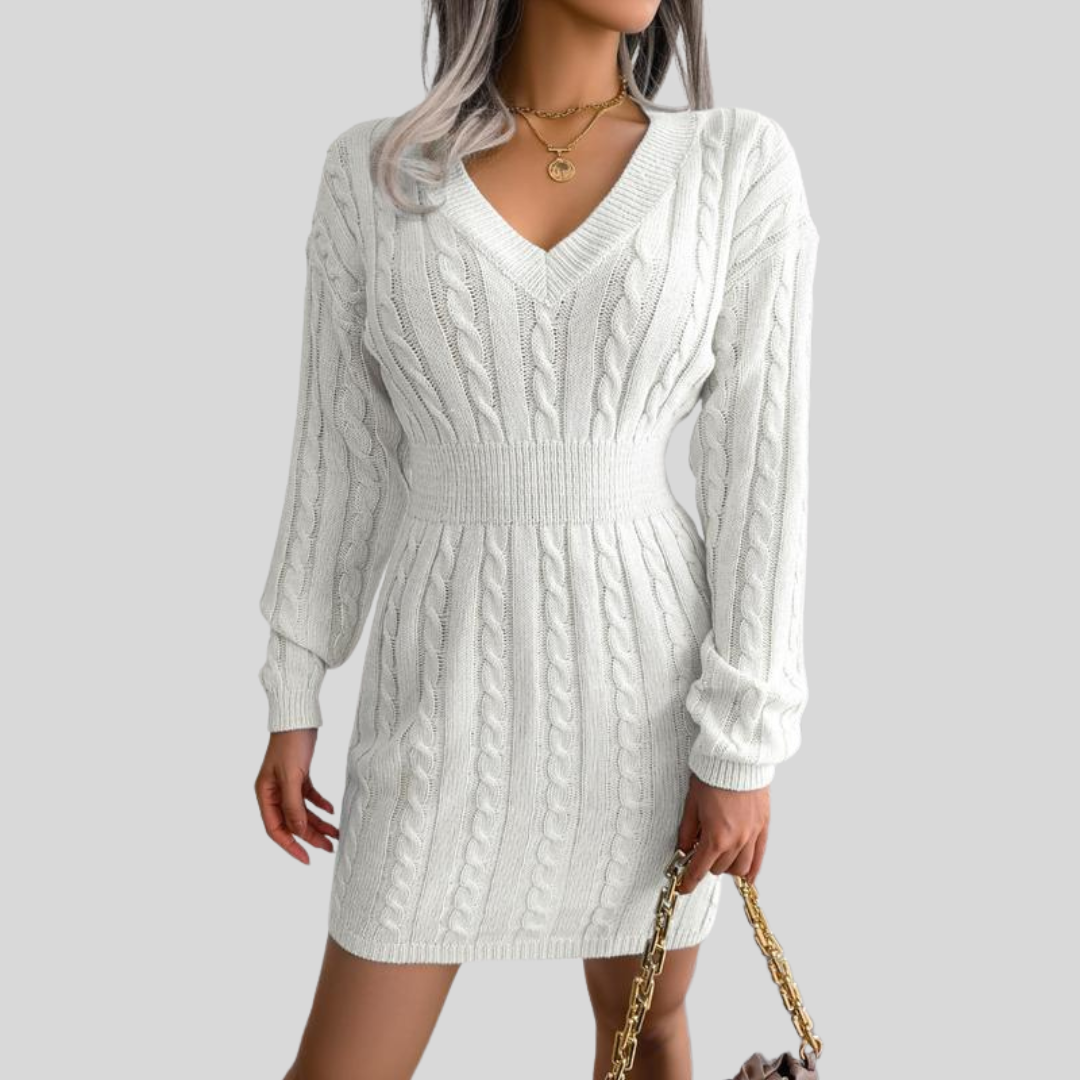 HOLLY™ - Cozy Long Sleeve V-Neck Cable Knit Sweater Dress