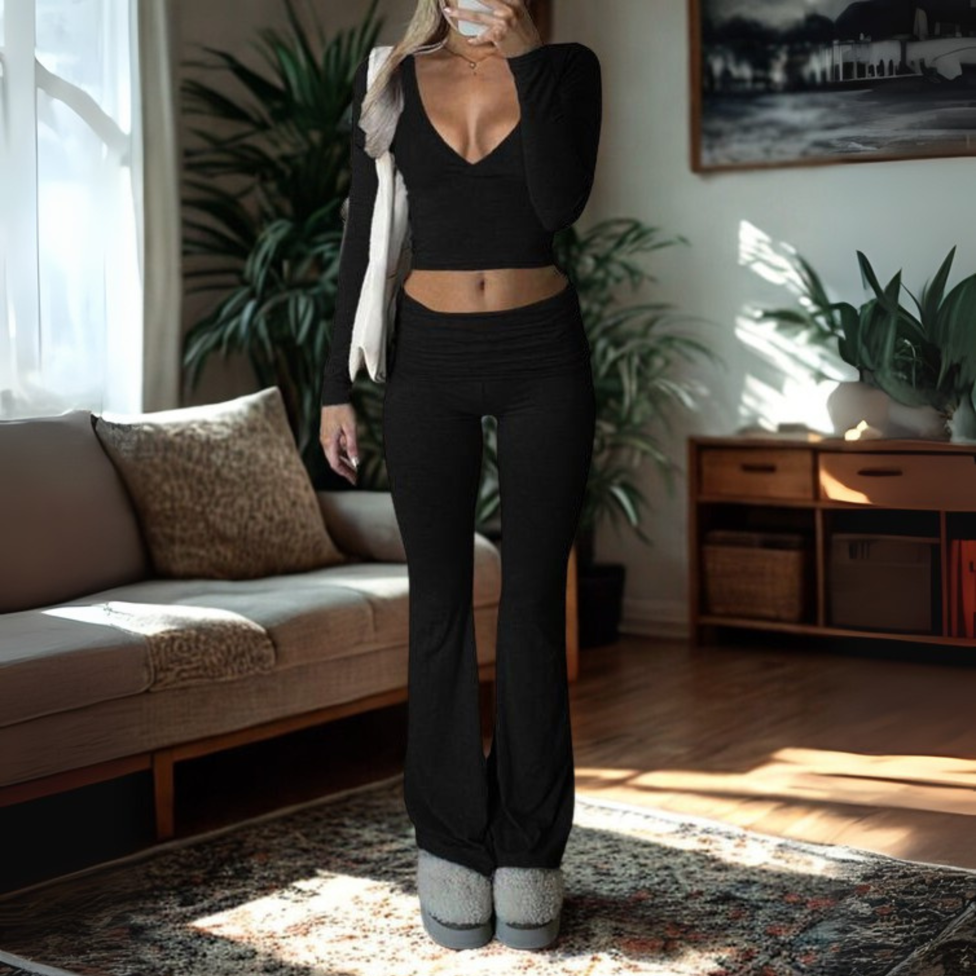 SINA™ - Casual V-Neck Long Sleeve Crop Top and Pants Set