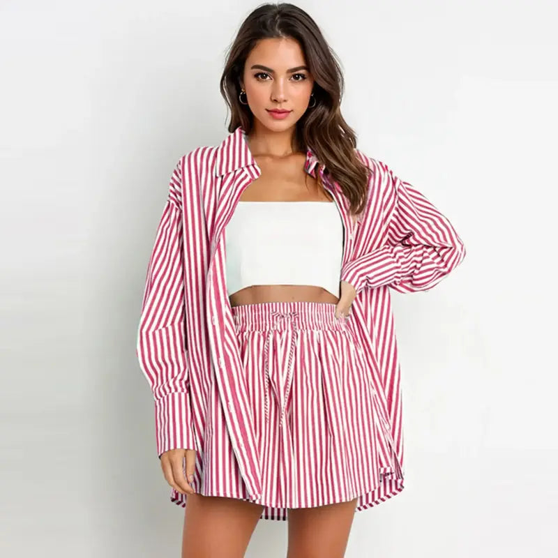 TIFY™ – Chic Striped Collared Shirt and Wide-Leg Shorts Set