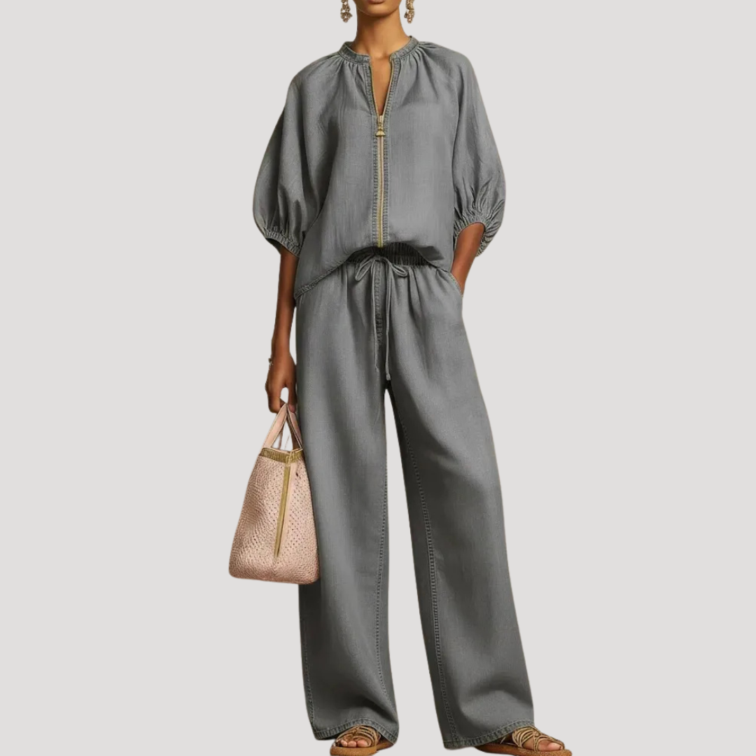 Women's Summer Co-Ord Set Relaxed Blouse Wide Leg Trousers Lightweight Fabric