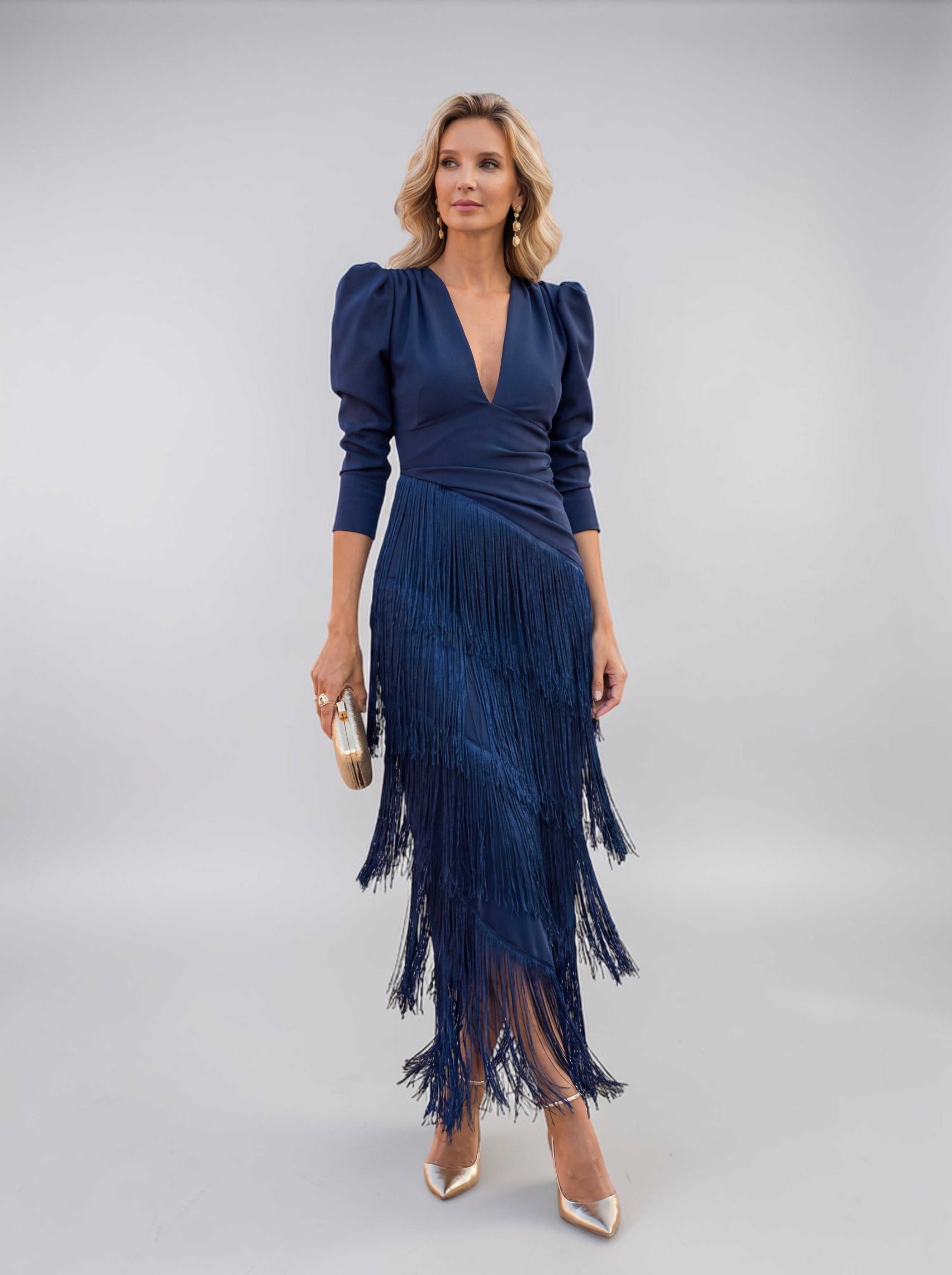 Women's Wedding Guest Midi Dress with Layered Fringes and V Neck