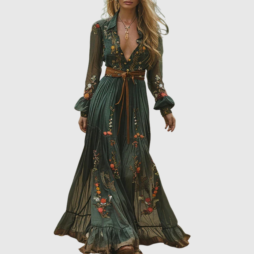 Alina | Women's Boho Floral Maxi Dress with Sheer Sleeves