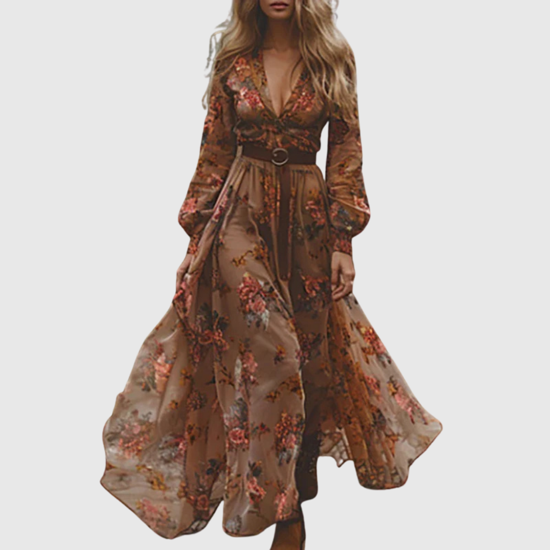 Alina | Women's Boho Floral Maxi Dress with Sheer Sleeves