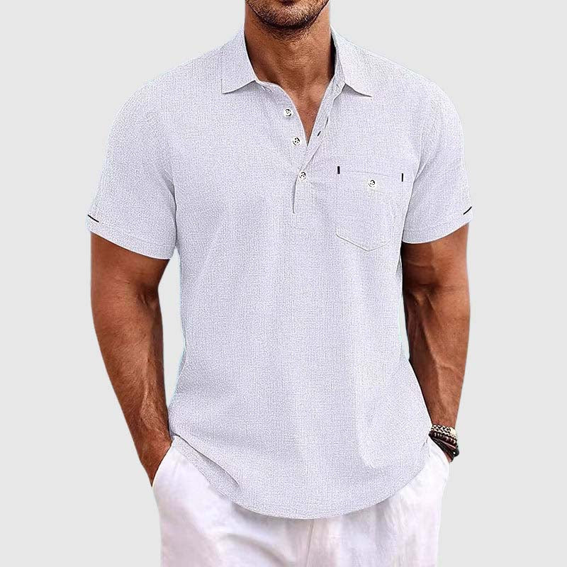 Men's Linen Polo Shirt - Classic Spread Collar and Chest Pocket