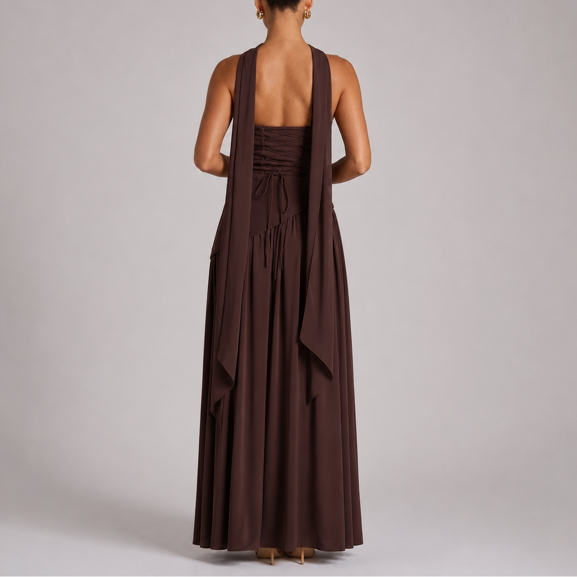 Women's Wedding Guest Maxi Dress with Open Back and Scarf Detail
