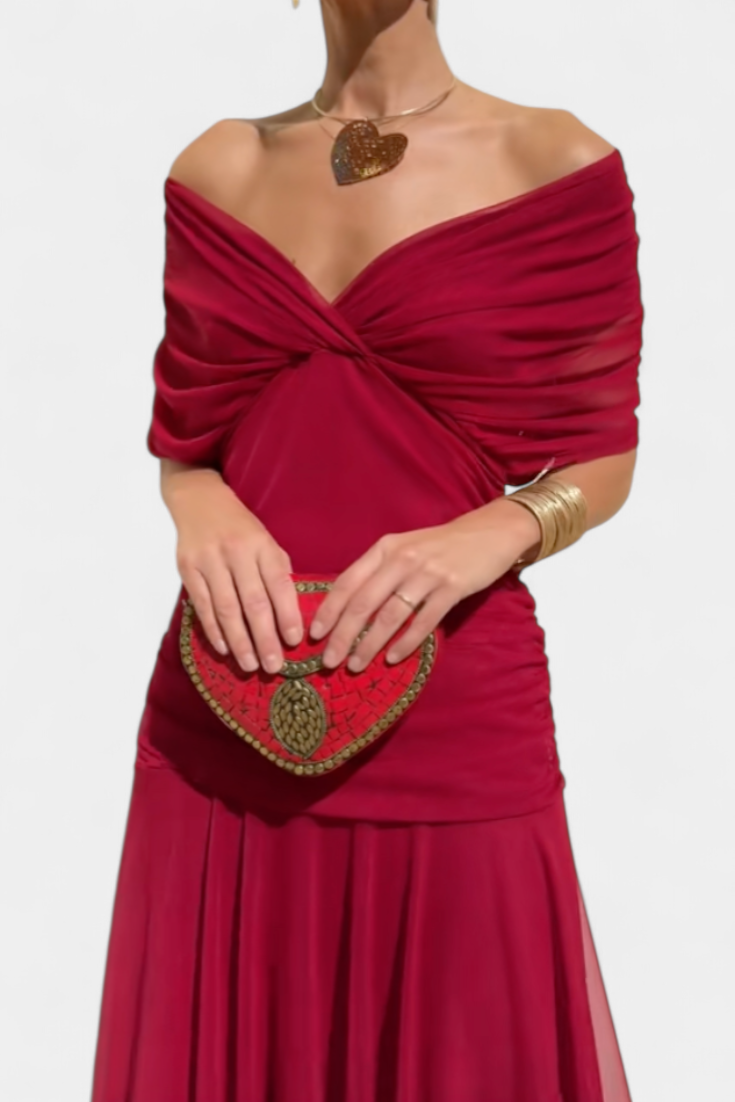 Women's Off-Shoulder Maxi Dress Ruched Bodice Flowing Skirt Evening Cocktail