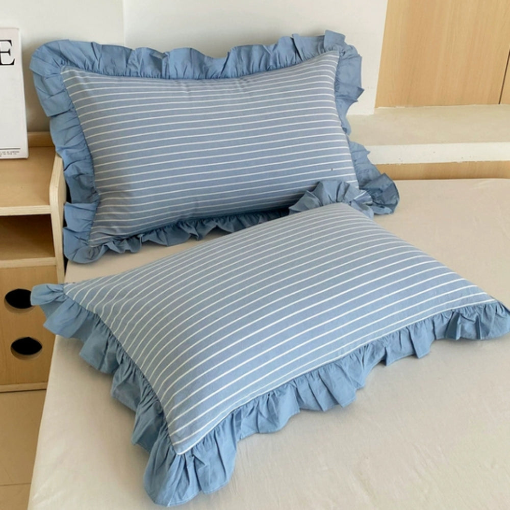 Striped Ruffled Lace Pillowcases in Multiple Colours