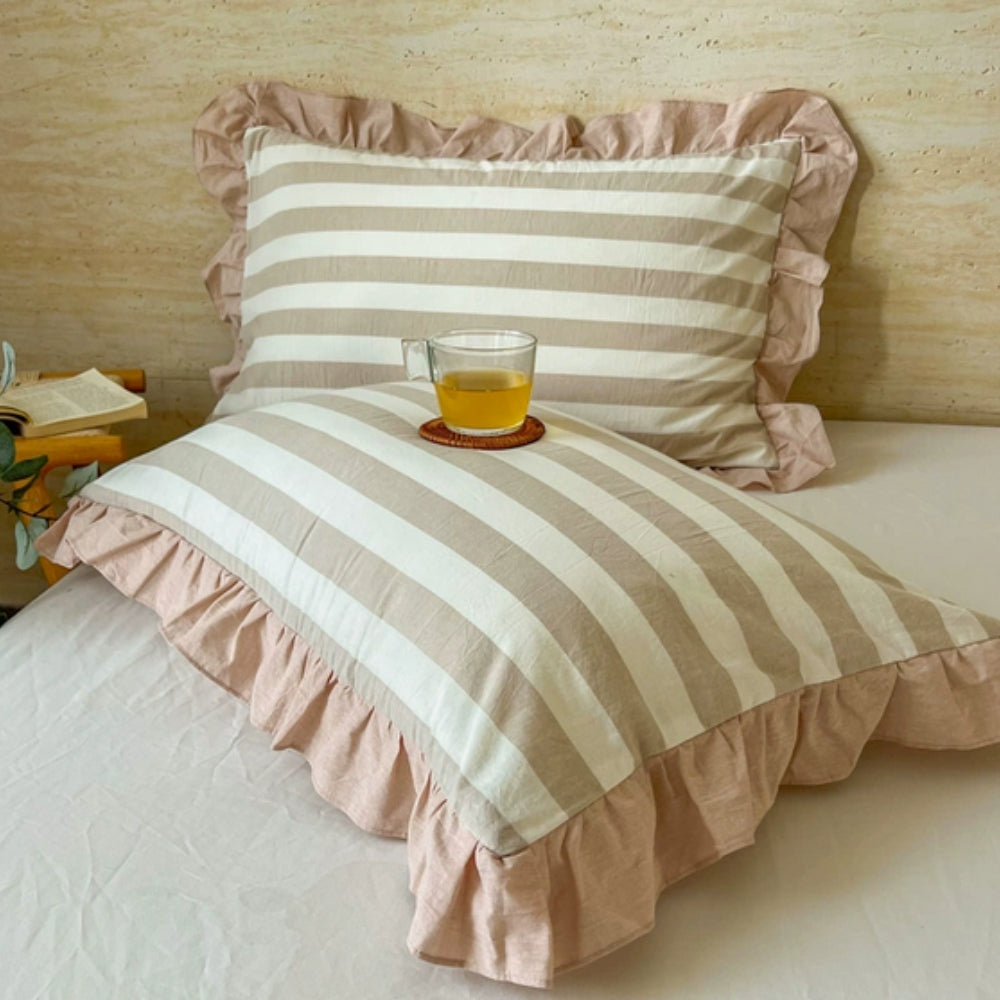 Striped Ruffled Lace Pillowcases in Multiple Colours