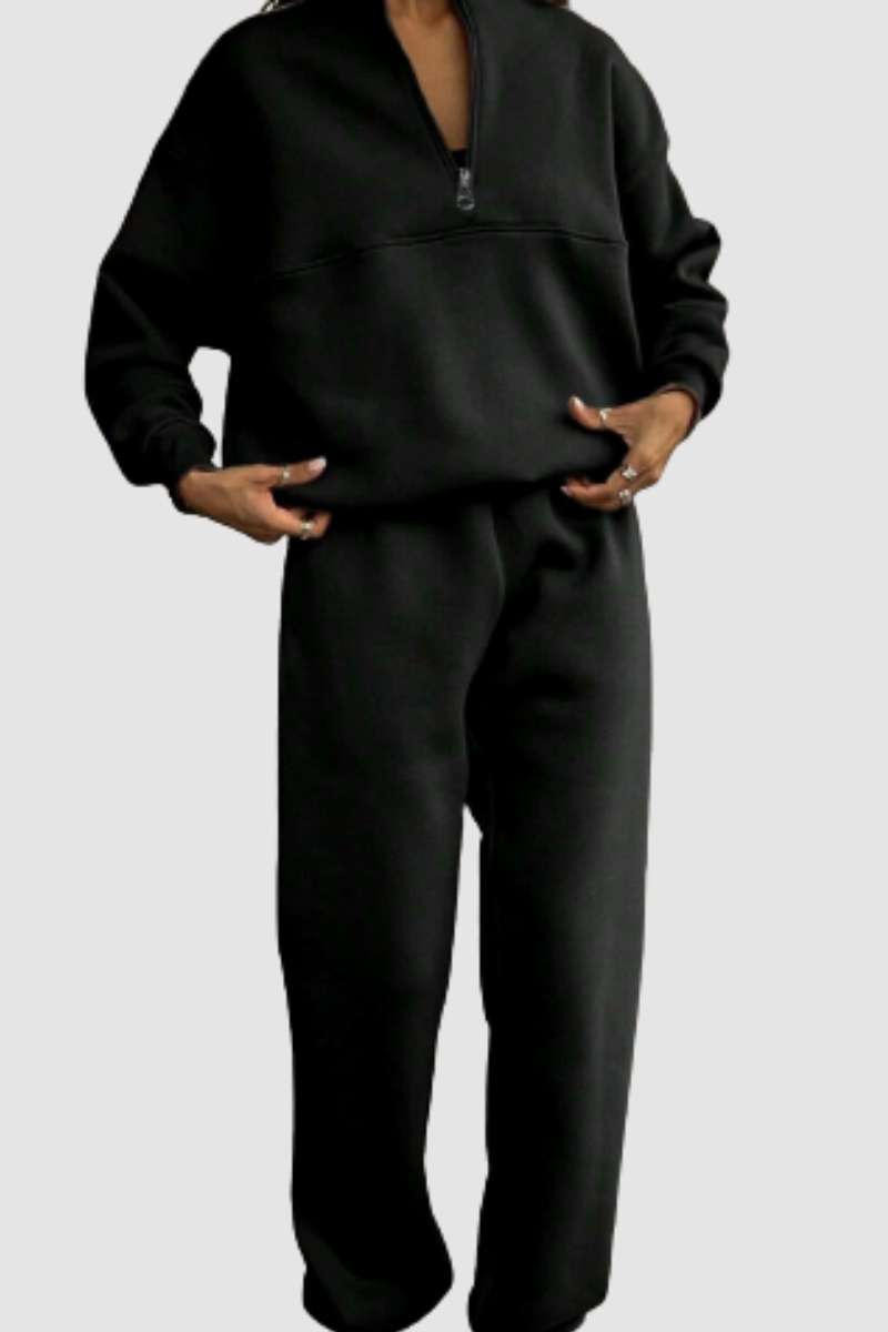 Women's Jumper and Trousers Set with Zip-Up Collar and Relaxed Fit
