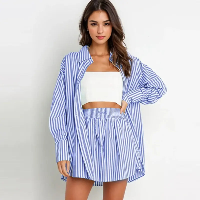 TIFY™ – Chic Striped Collared Shirt and Wide-Leg Shorts Set