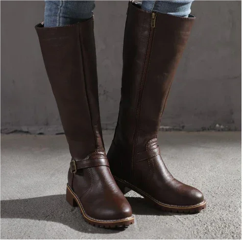 Women's leather knee-high boots with buckle strap and side zipper