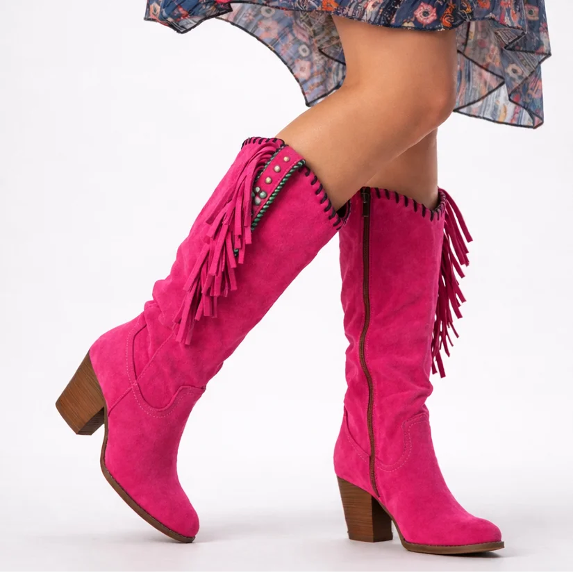 Women's orthopedic suede knee-high western boots with fringe and block heel
