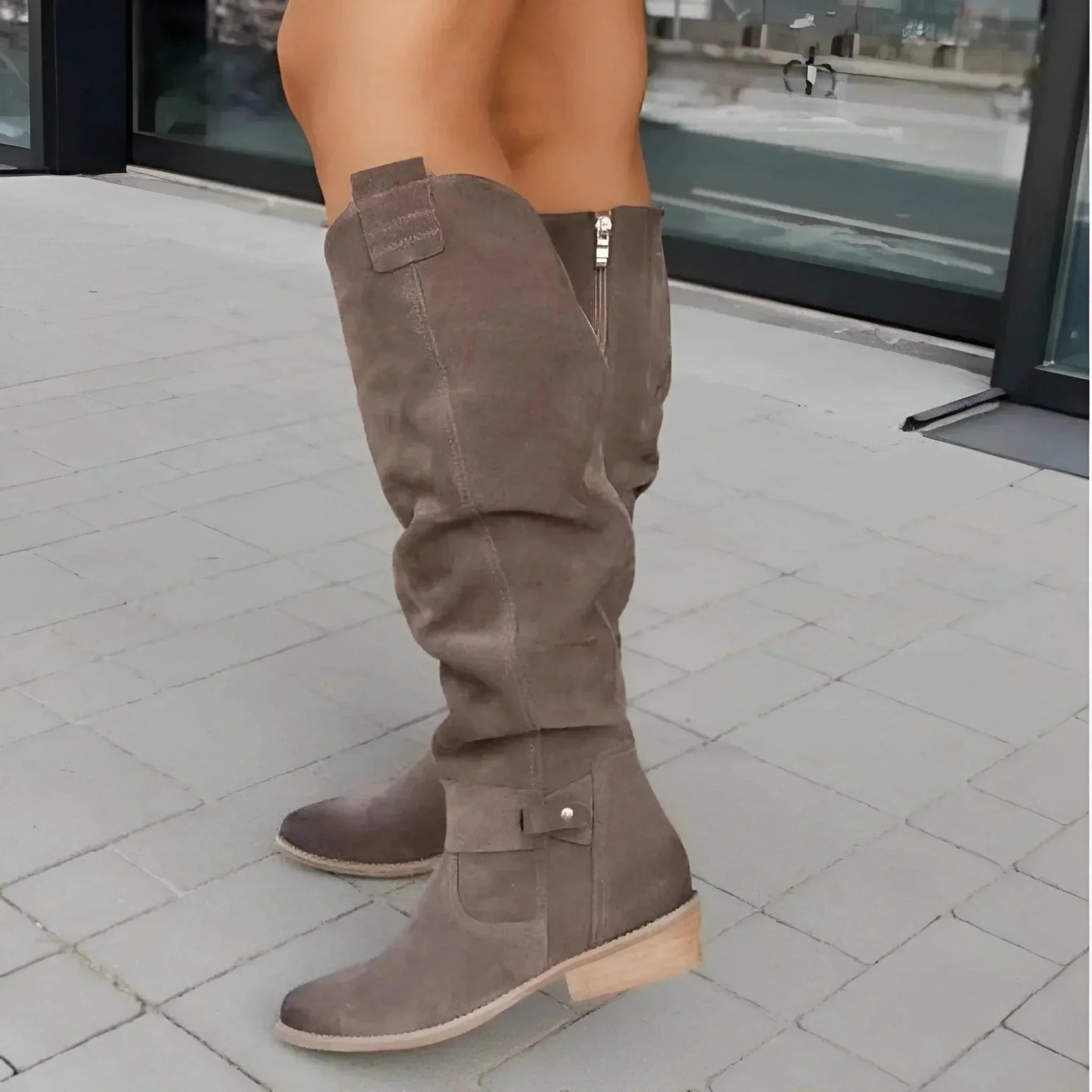 Women's suede slouchy pointed-toe knee-high boots with side zipper