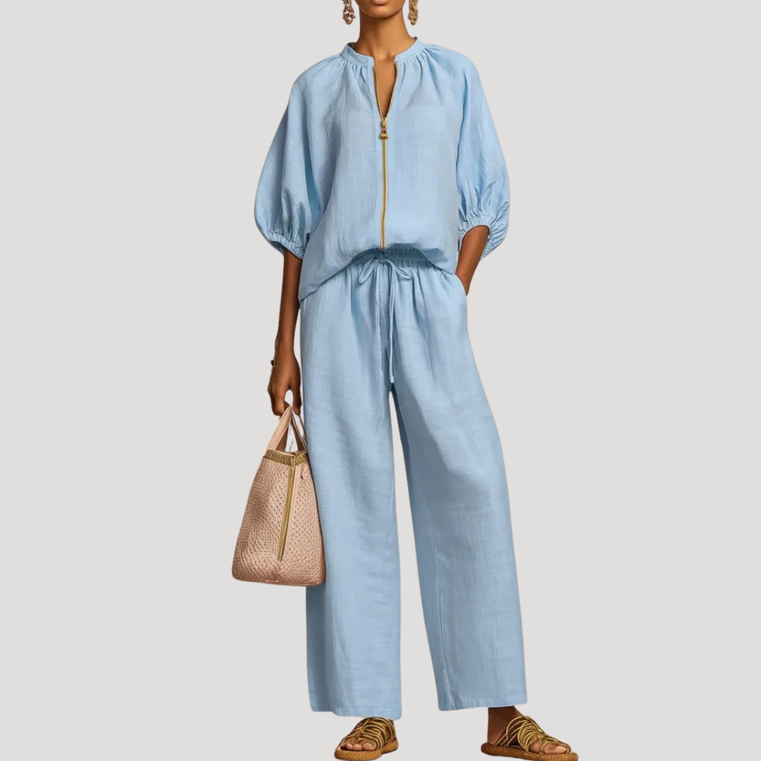 Women's Summer Co-Ord Set Relaxed Blouse Wide Leg Trousers Lightweight Fabric