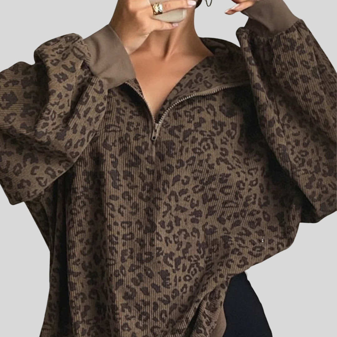 INGRID™ - Women’s Casual Zip-Up Front Leopard Print Sweatshirt Long Sleeve