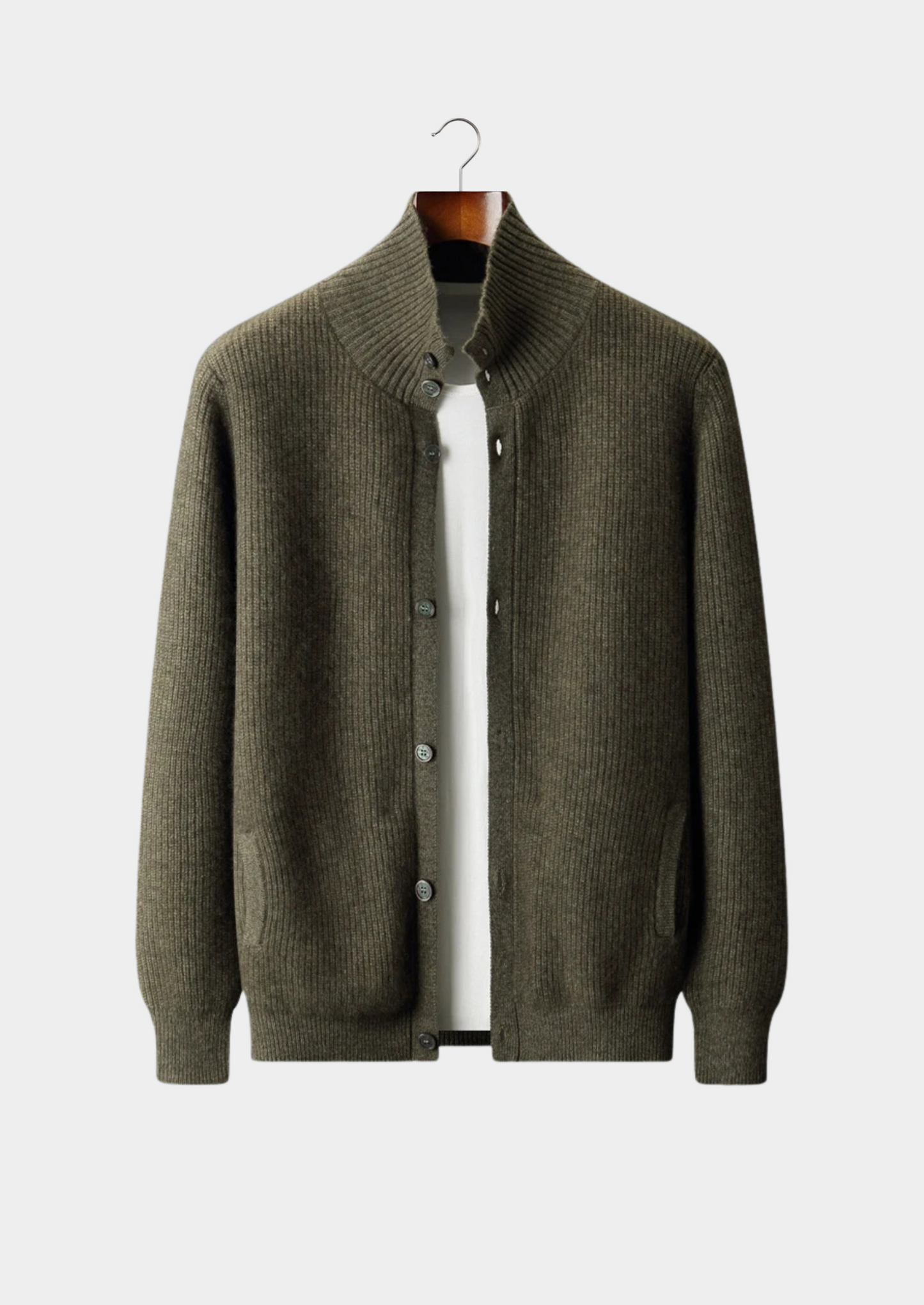 100% CASHMERE RIBBED HIGH COLLAR CARDIGAN