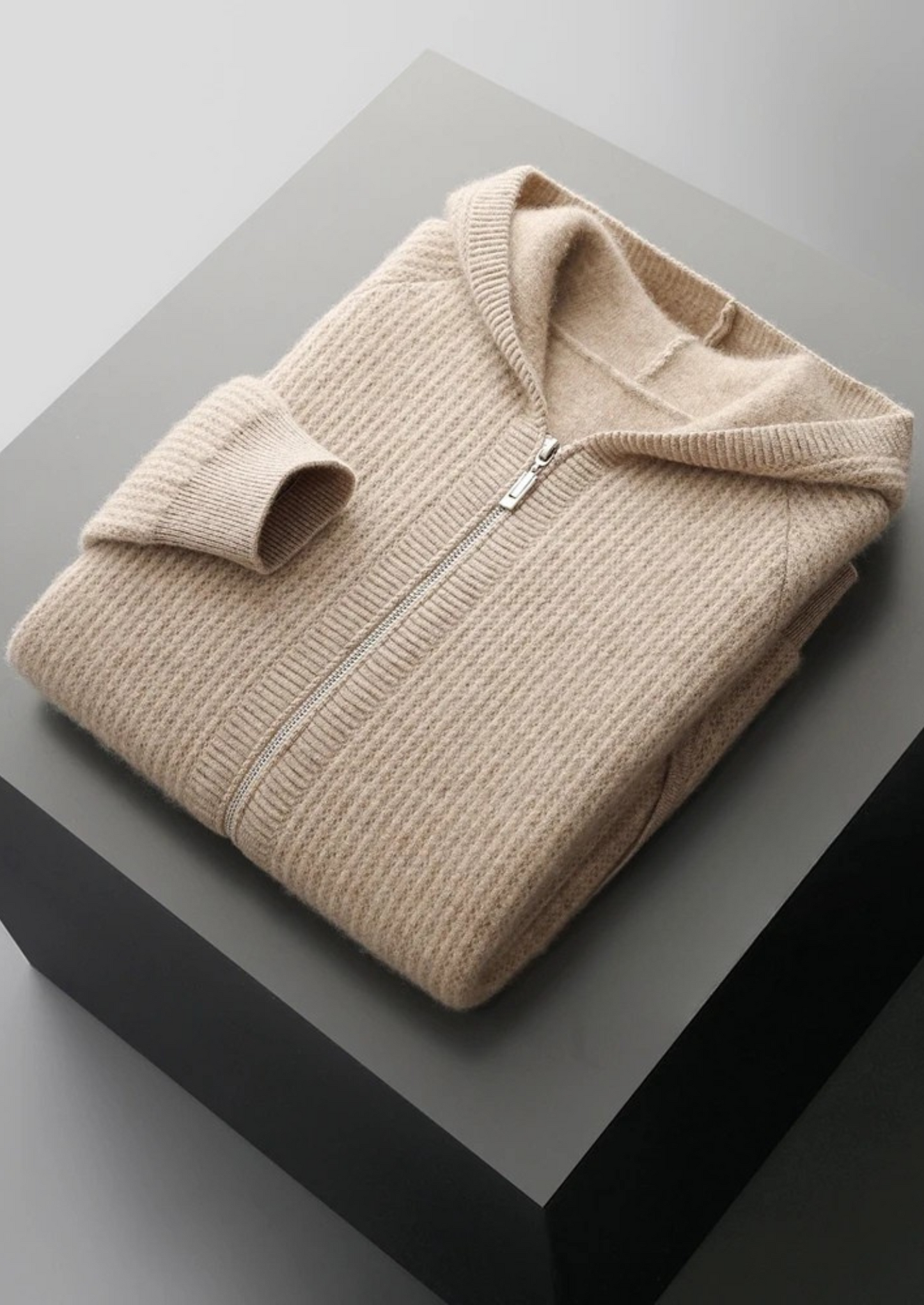 WOOL RIBBED ZIPPER HOODIE