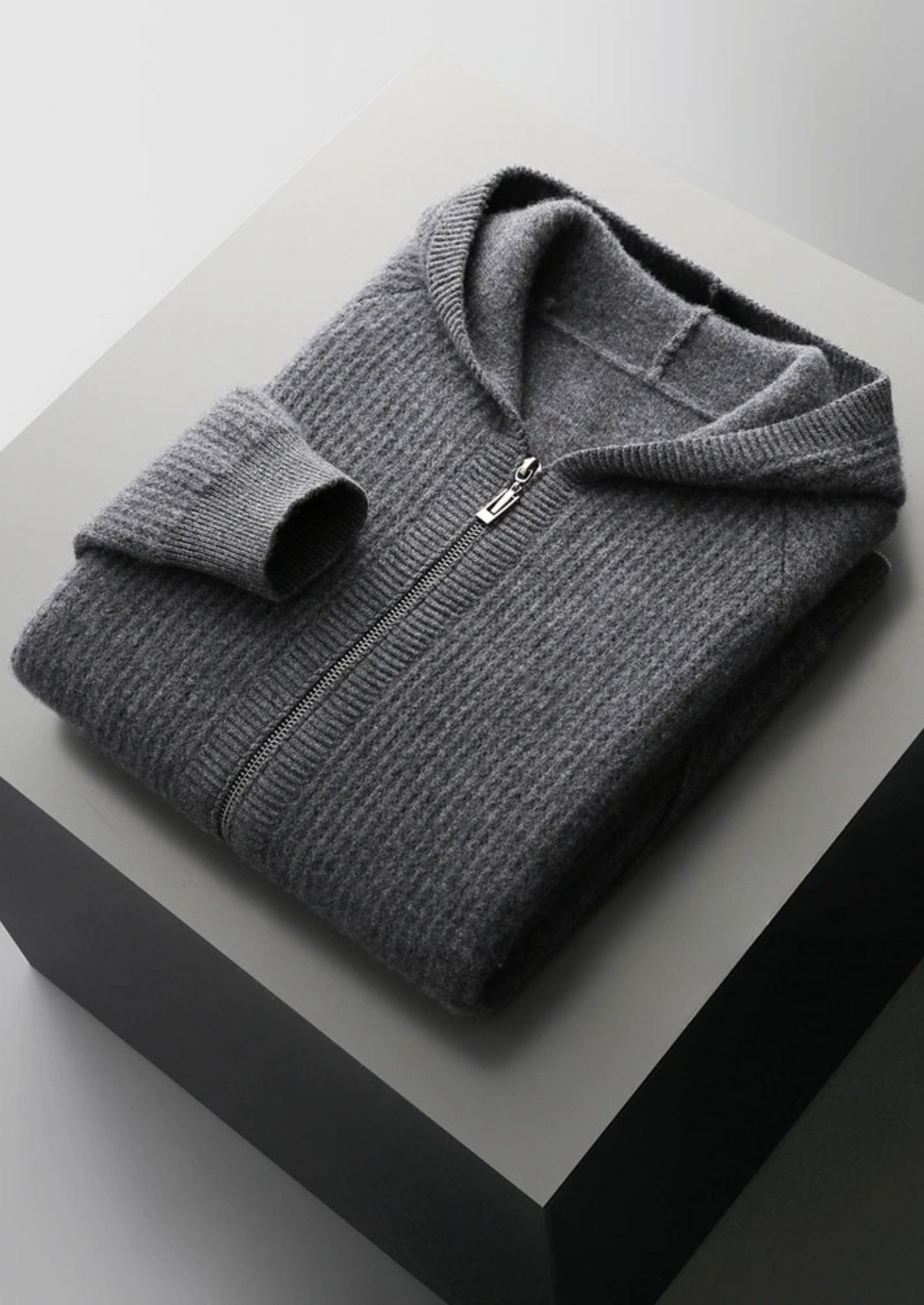 WOOL RIBBED ZIPPER HOODIE
