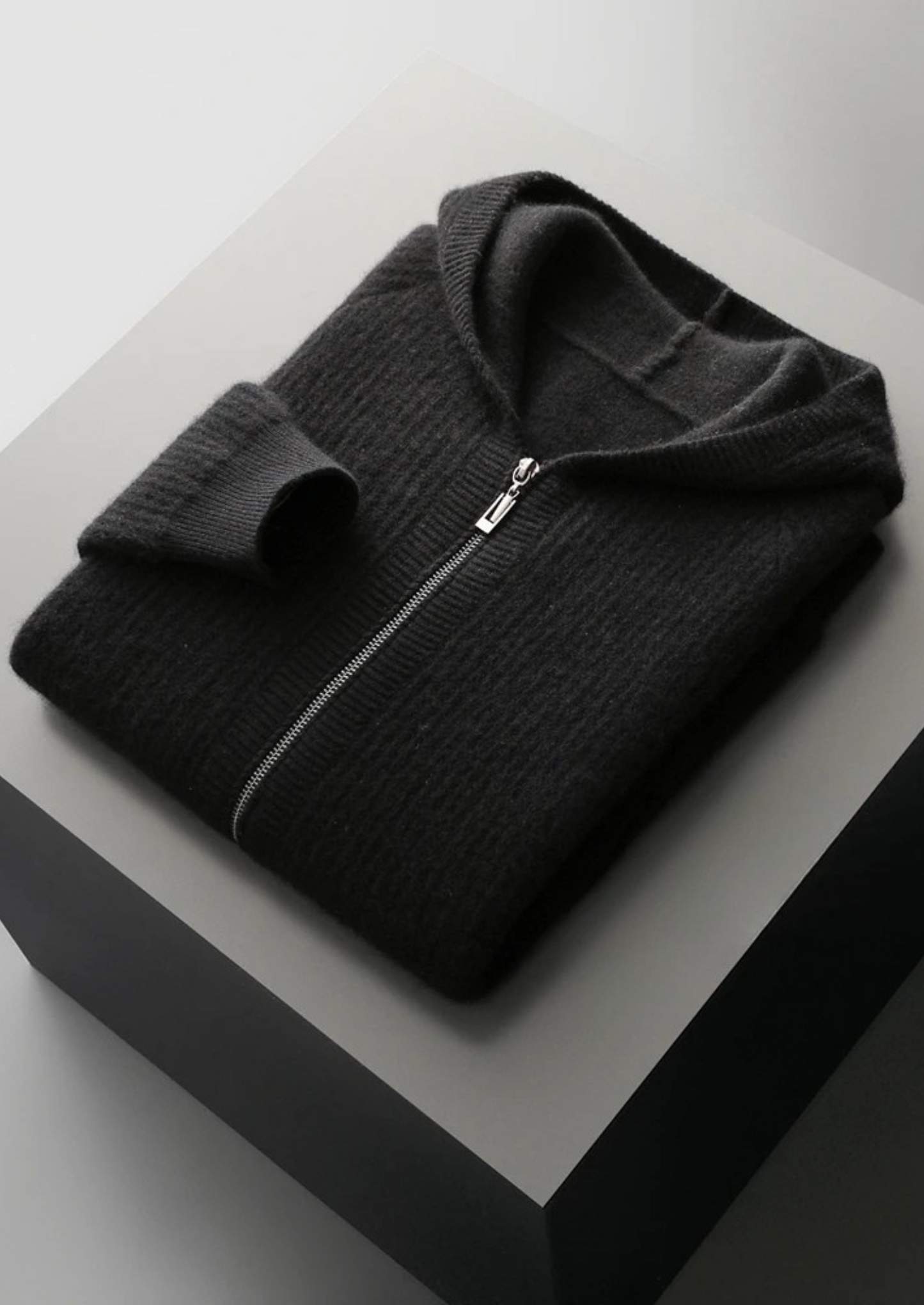 WOOL RIBBED ZIPPER HOODIE