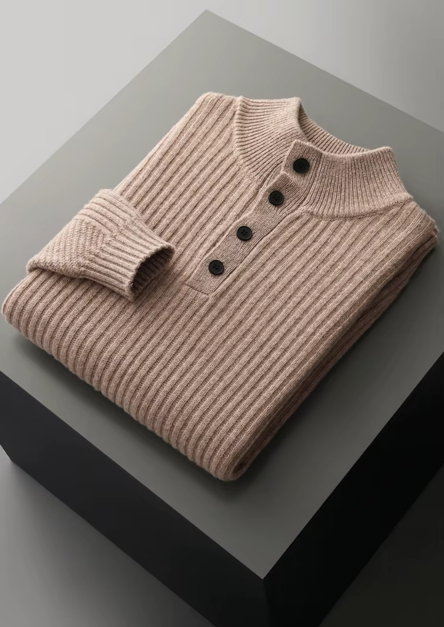 WOOL RIBBED HENLEY SWEATER