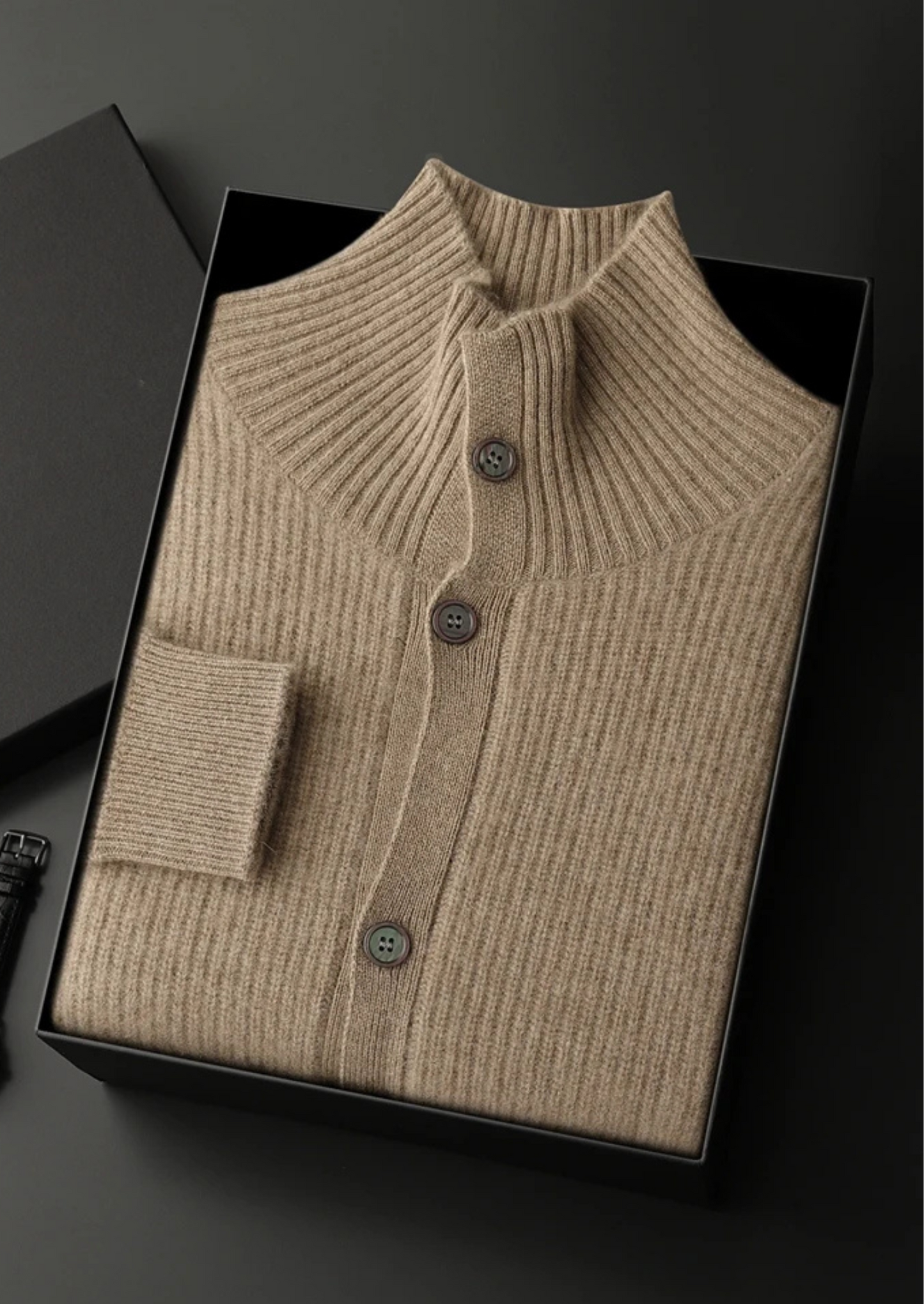 100% CASHMERE RIBBED HIGH COLLAR CARDIGAN