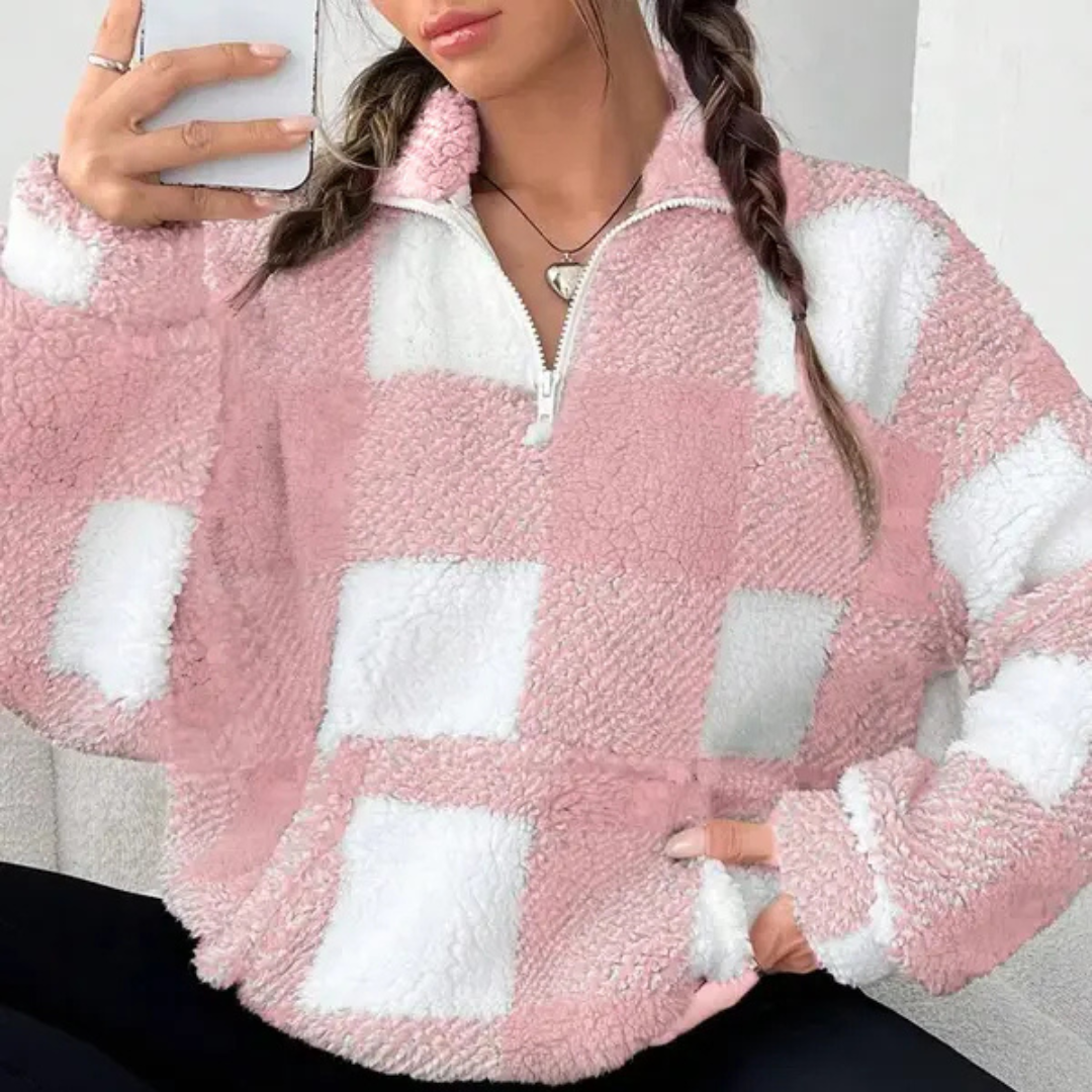 MALDA™ - Chic Plaid Print Half Zip Long Sleeve Sweater