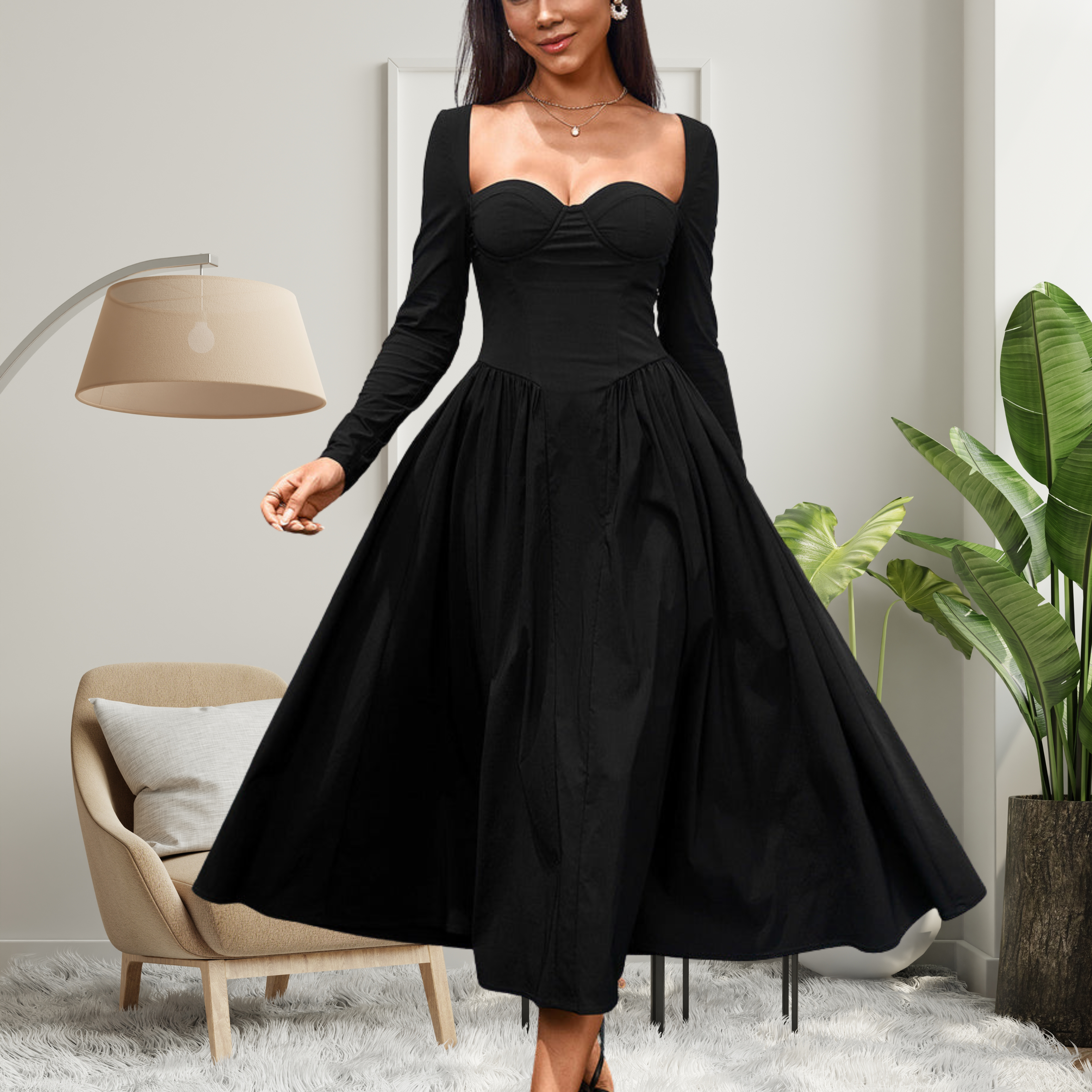 AKILA™ - Elegant Heart Neckline Long Sleeve A-Line Maxi Dress