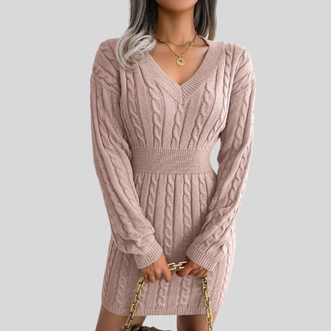 HOLLY™ - Cozy Long Sleeve V-Neck Cable Knit Sweater Dress