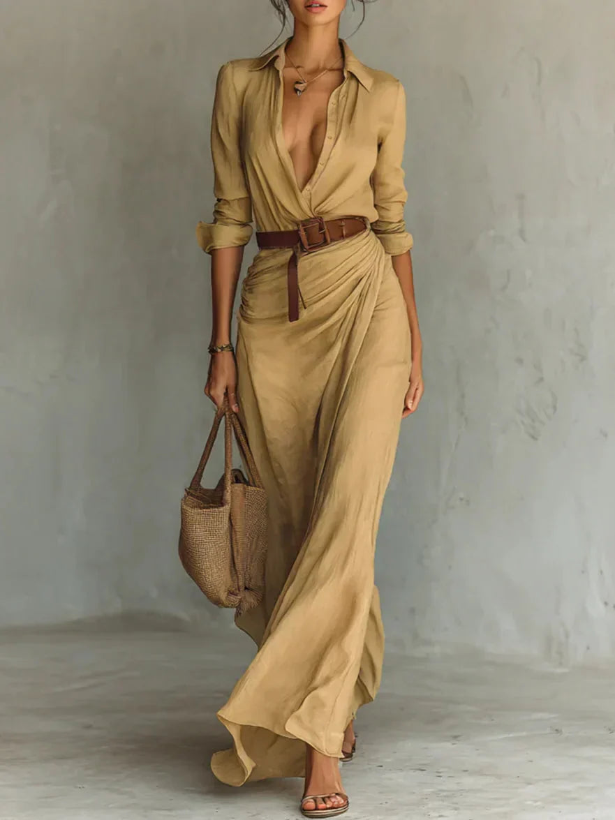 UNA | LAPEL-WRAP MAXI DRESS