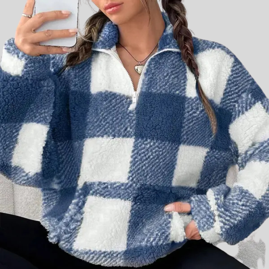 MALDA™ - Chic Plaid Print Half Zip Long Sleeve Sweater