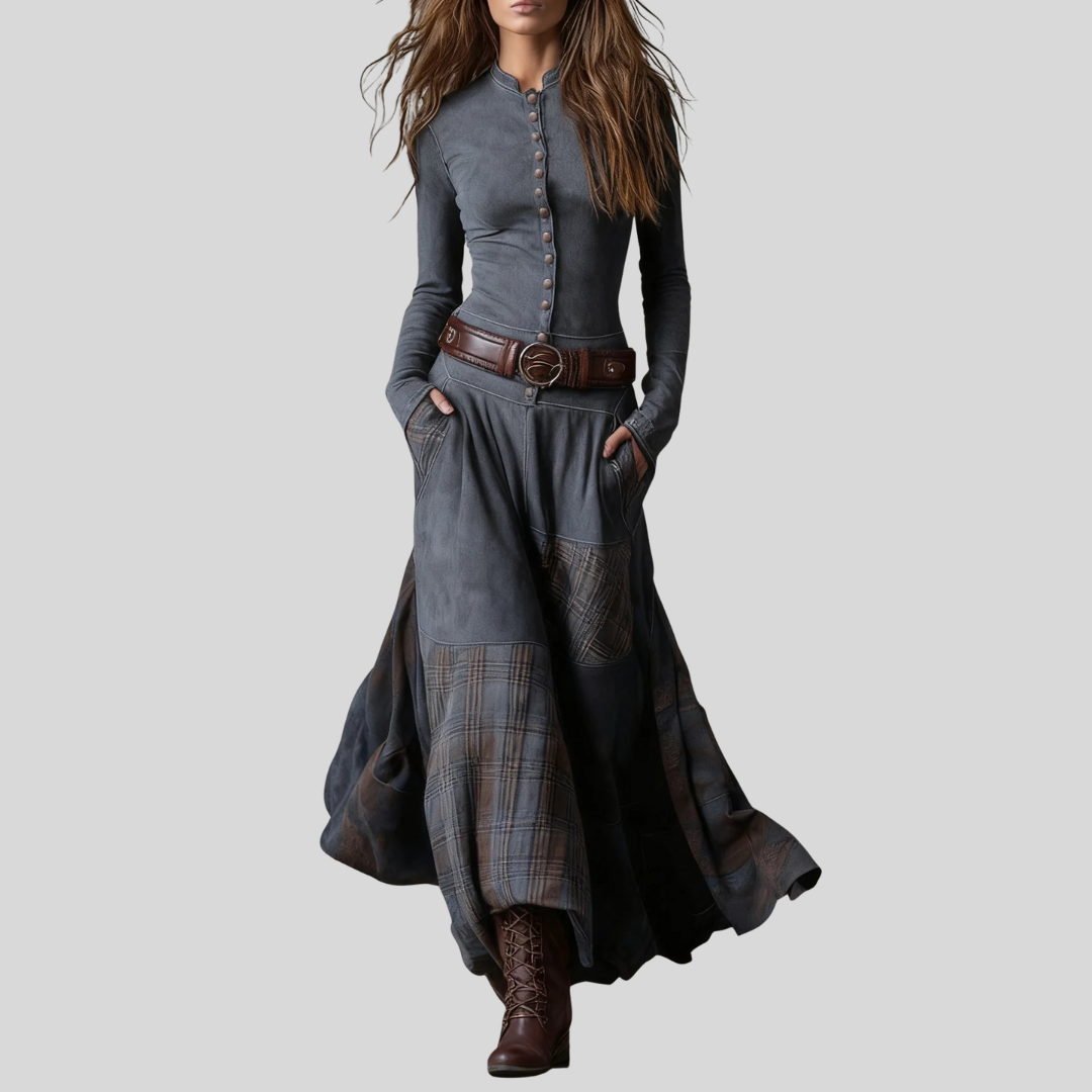 Yelena™ | VINTAGE LONG SUEDE CHECKERED DRESS