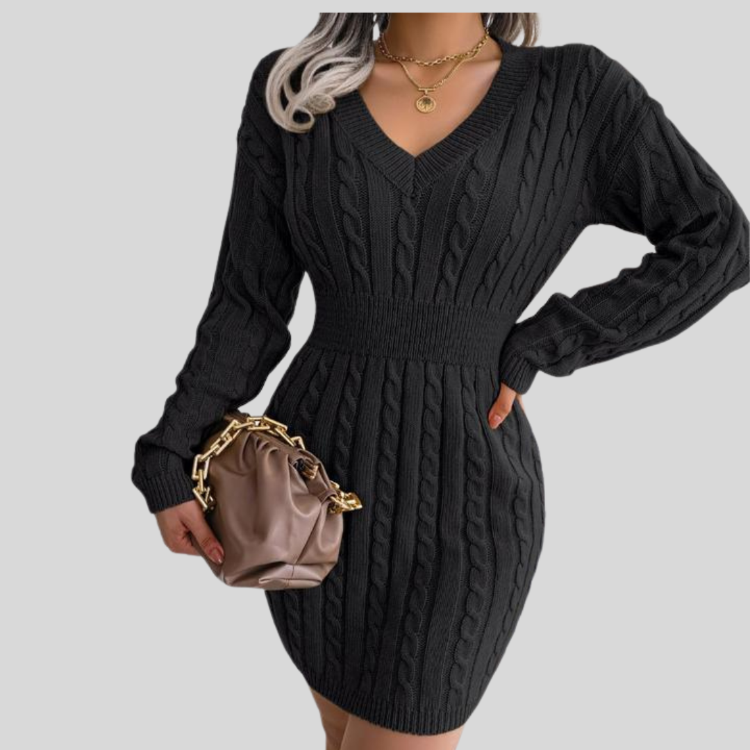 HOLLY™ - Cozy Long Sleeve V-Neck Cable Knit Sweater Dress