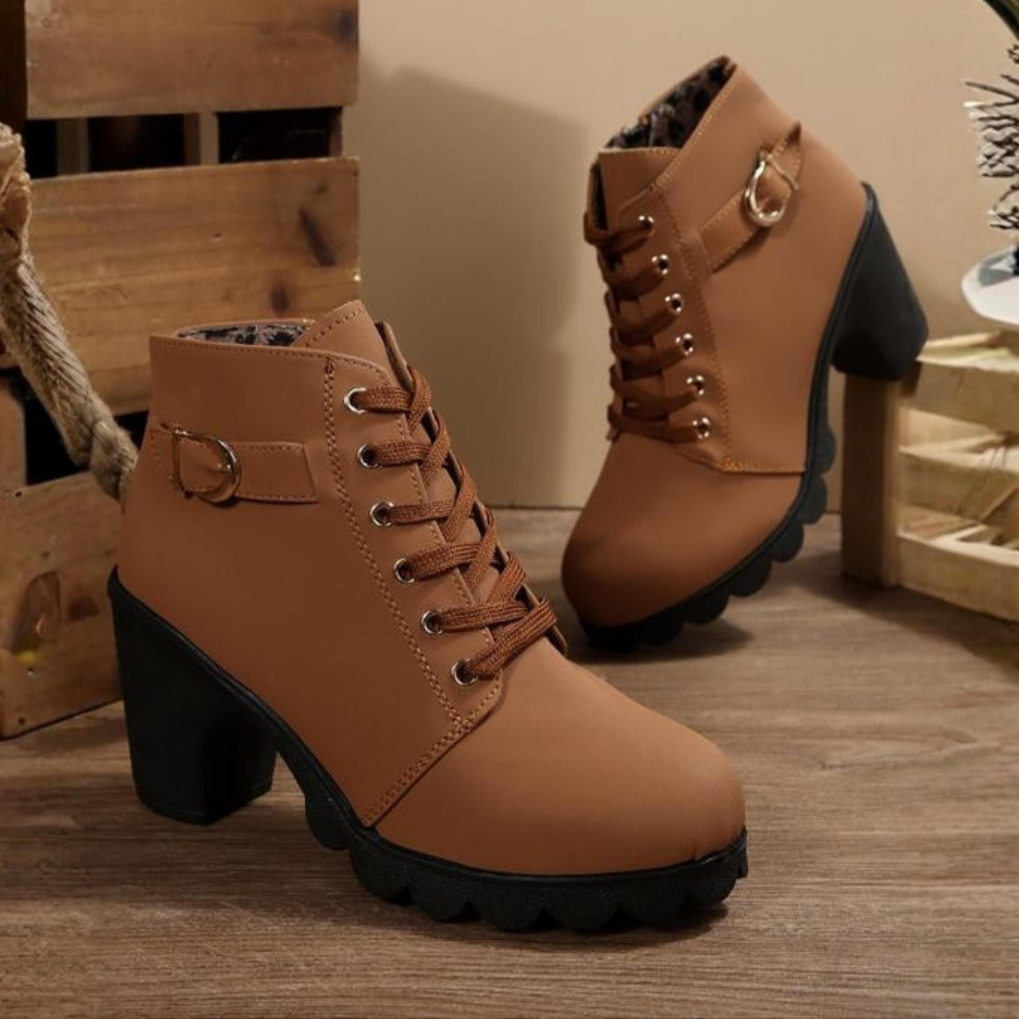 KATNI™ - Chic Lace-Up Metal Buckle Chunky Ankle Boots