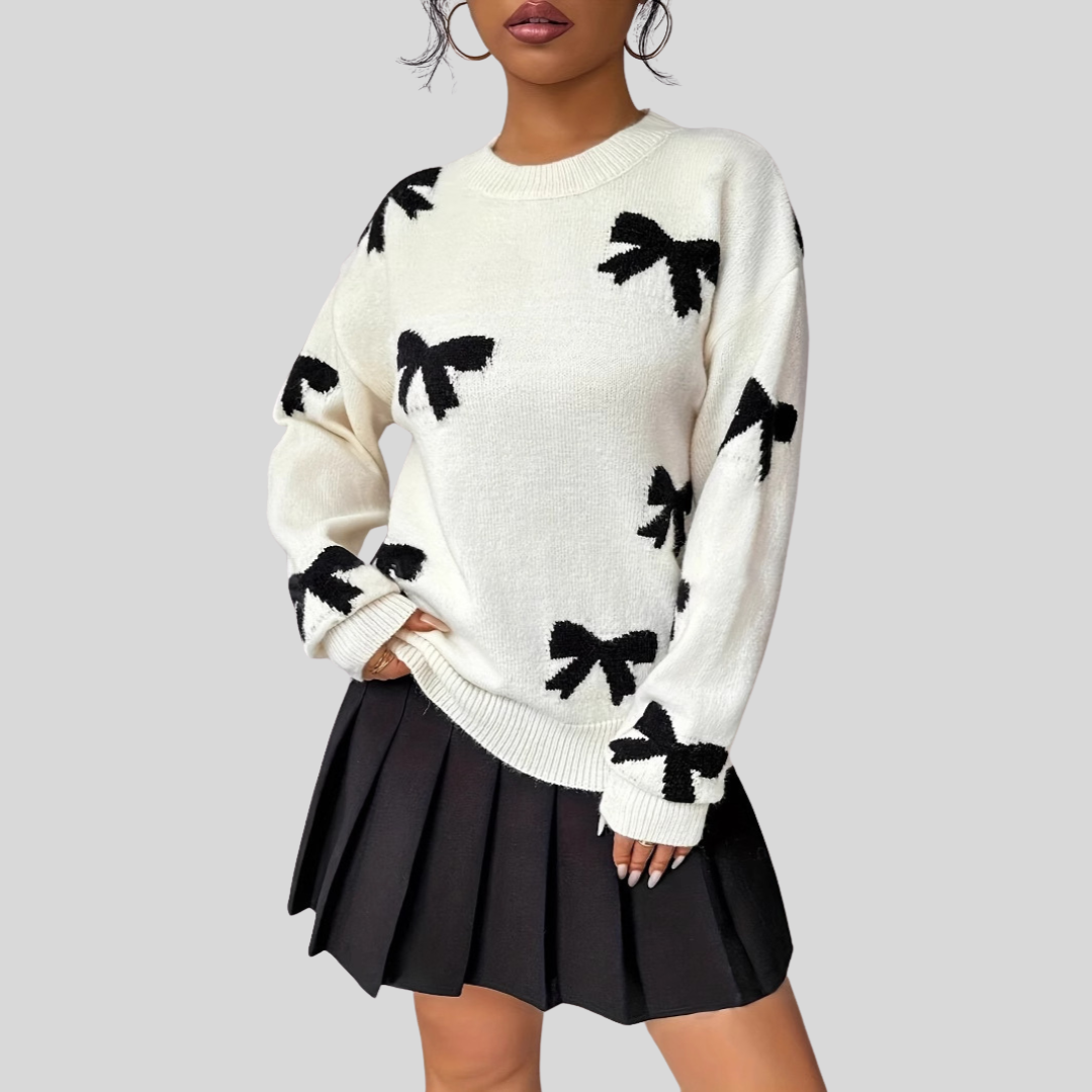 VISAY™ - Comfy Bow Print Pullover Sweater