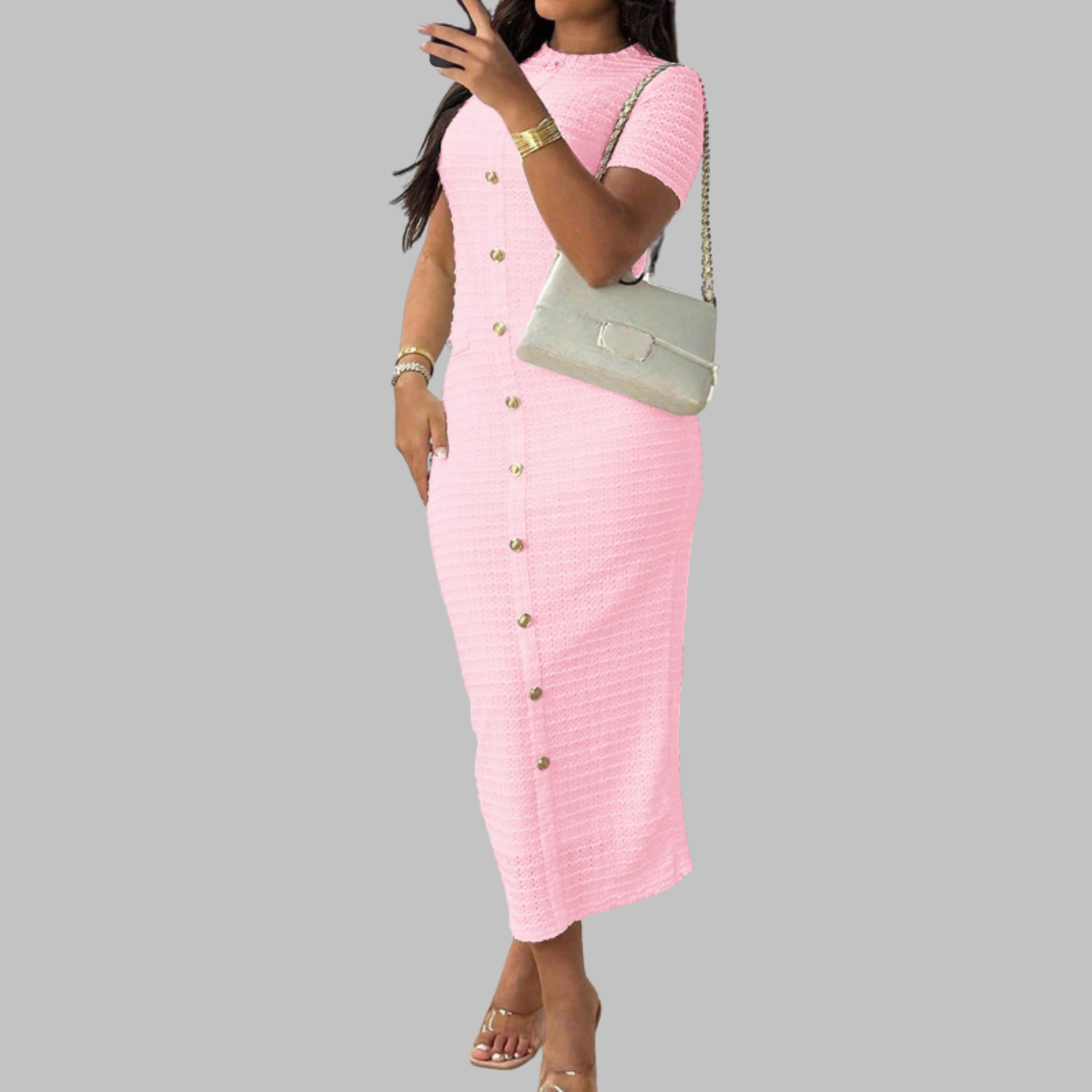 RACHEL™ - Elegant Round Neck Fake Button Dress