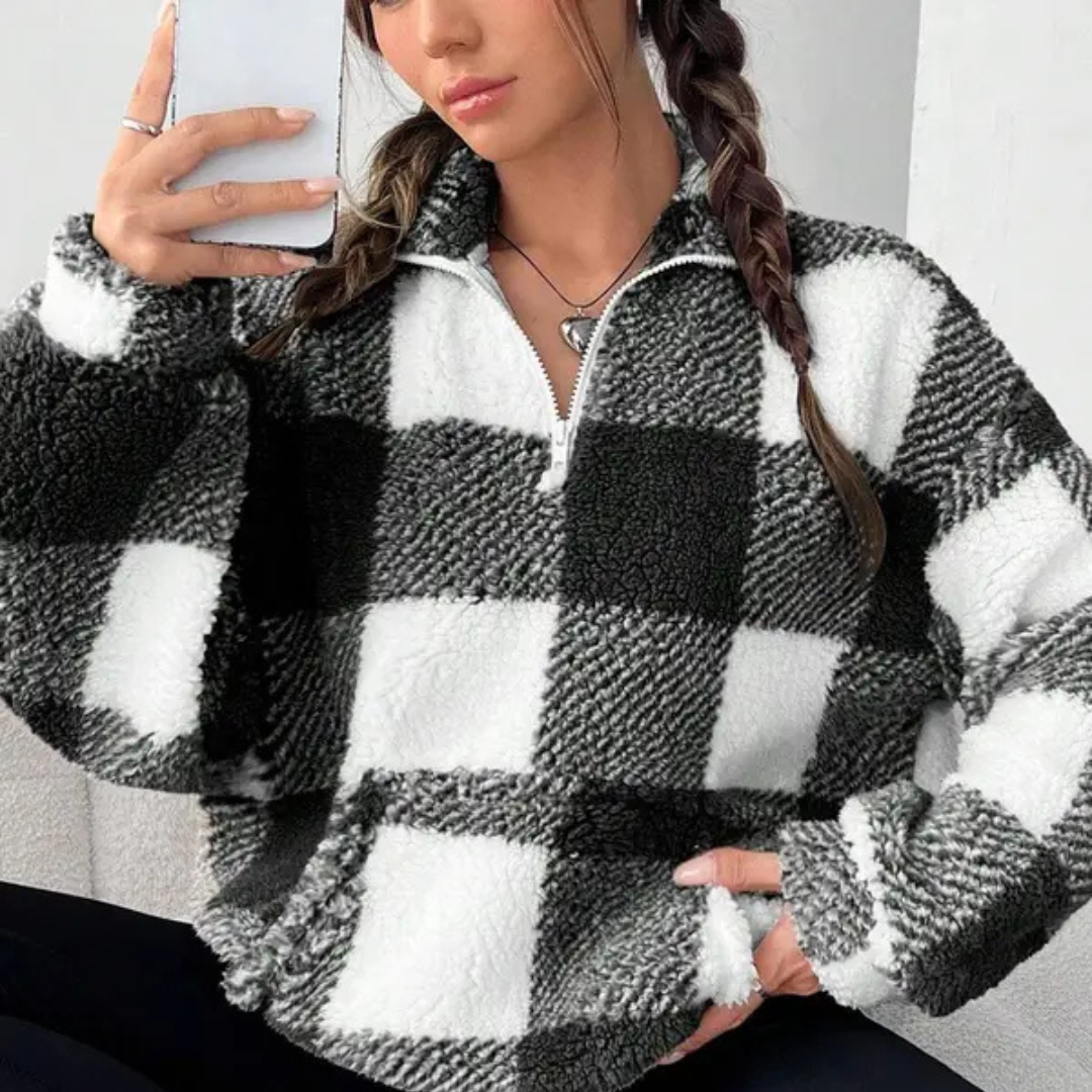 MALDA™ - Chic Plaid Print Half Zip Long Sleeve Sweater