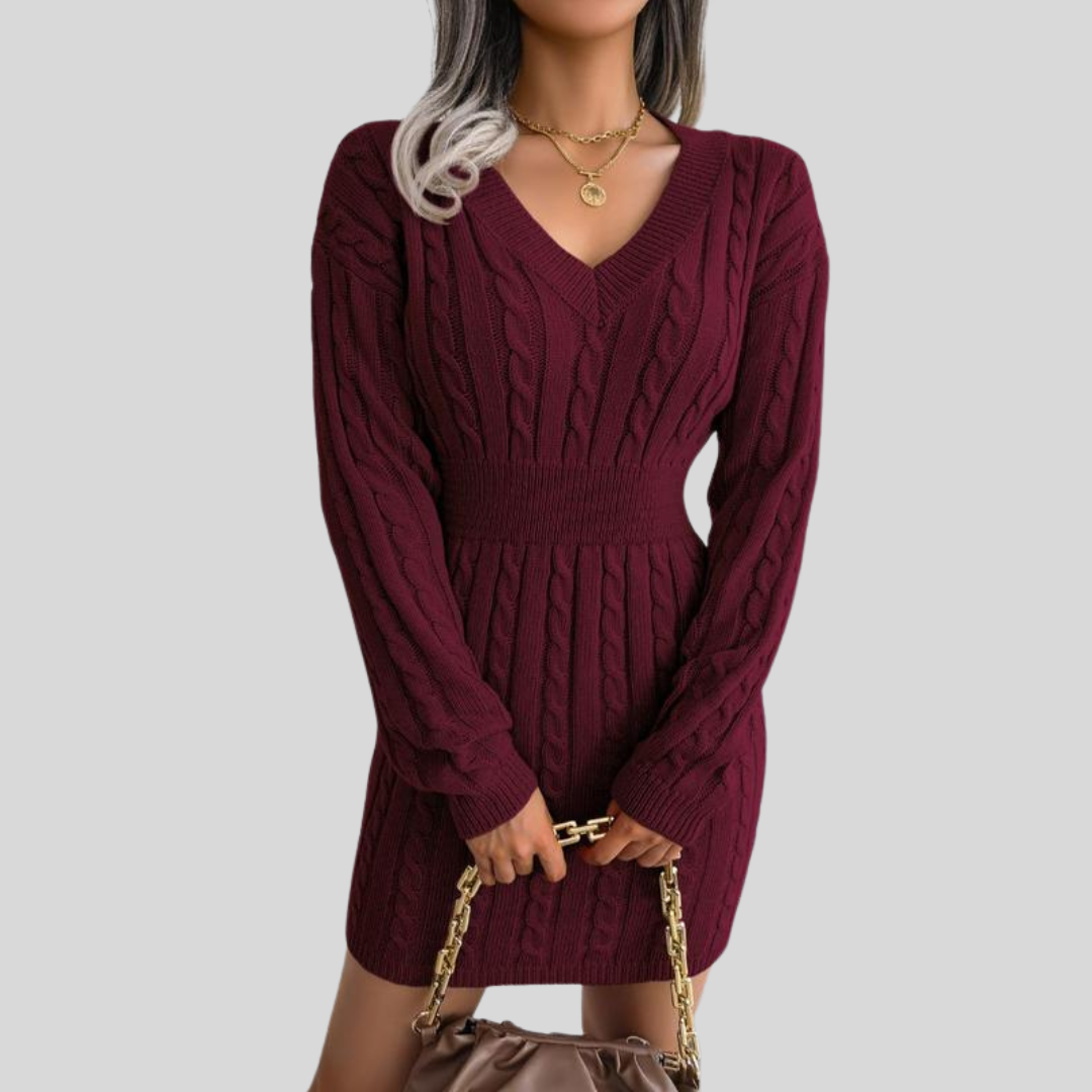 HOLLY™ - Cozy Long Sleeve V-Neck Cable Knit Sweater Dress