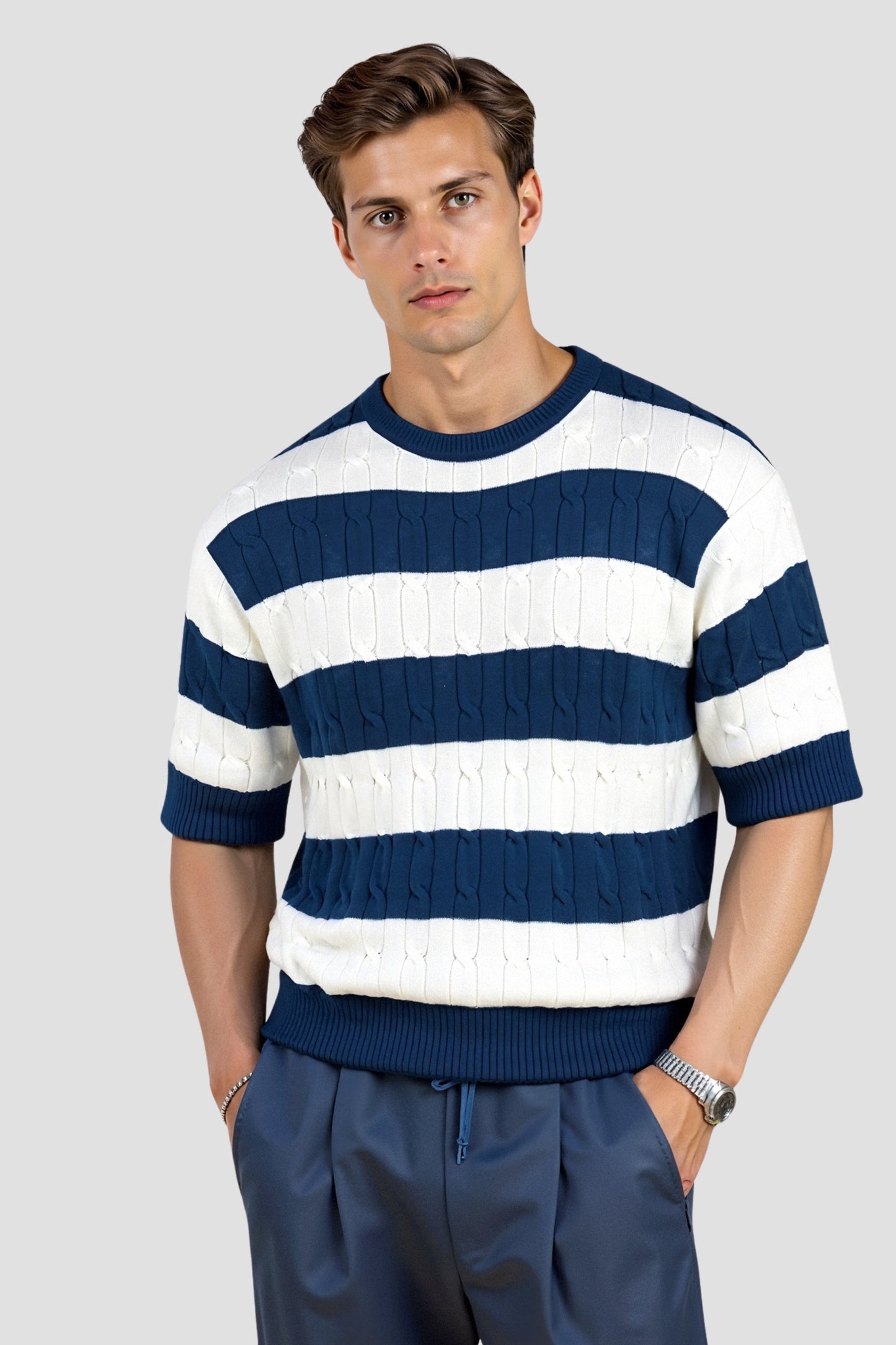 Crew Neck Cable Knit Striped T-Shirt