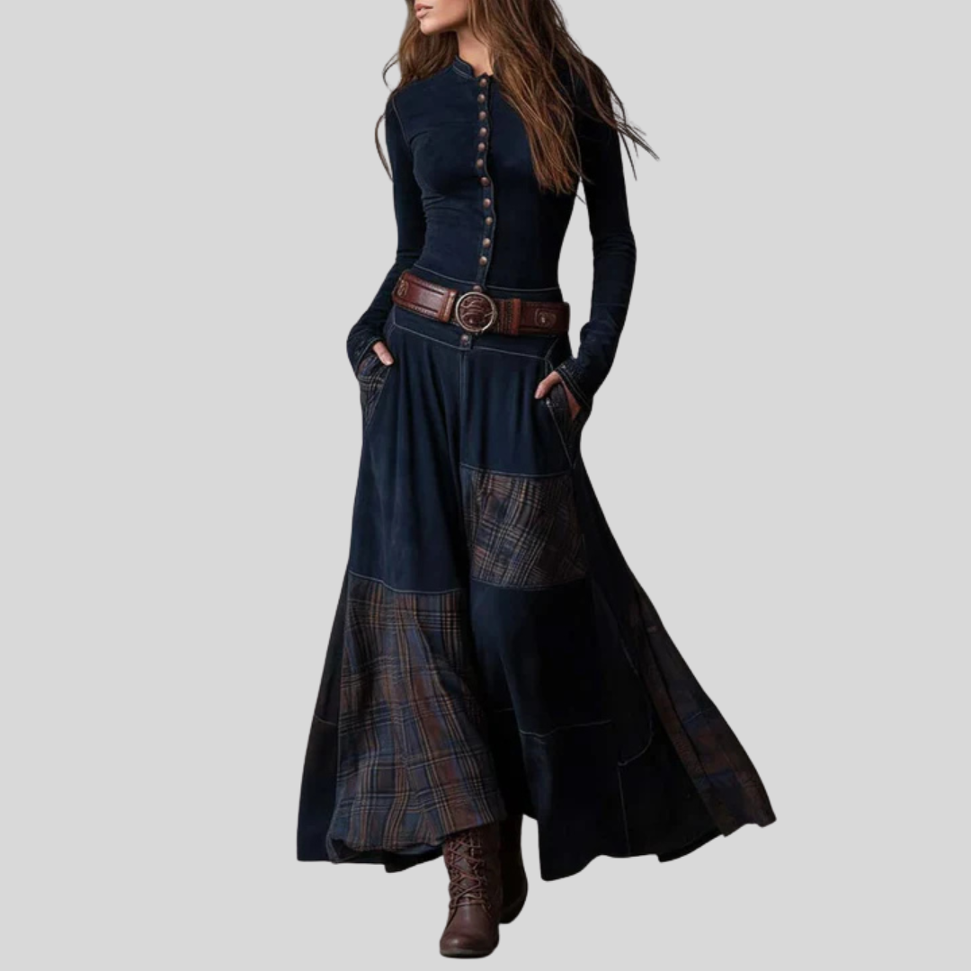 Yelena™ | VINTAGE LONG SUEDE CHECKERED DRESS