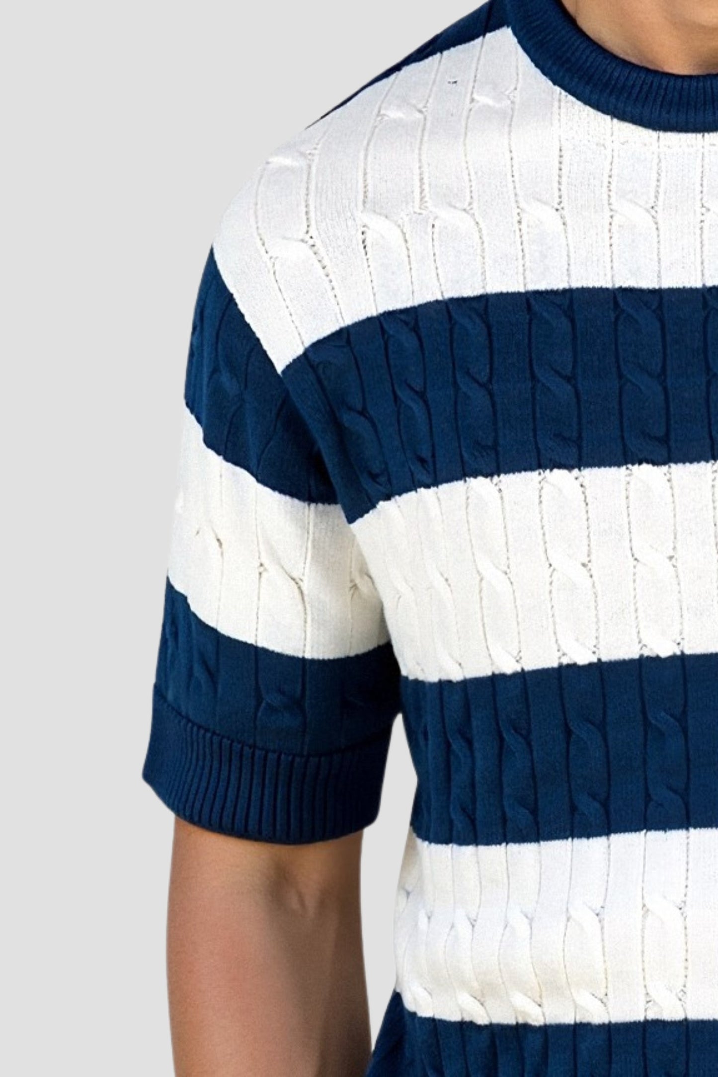 Crew Neck Cable Knit Striped T-Shirt