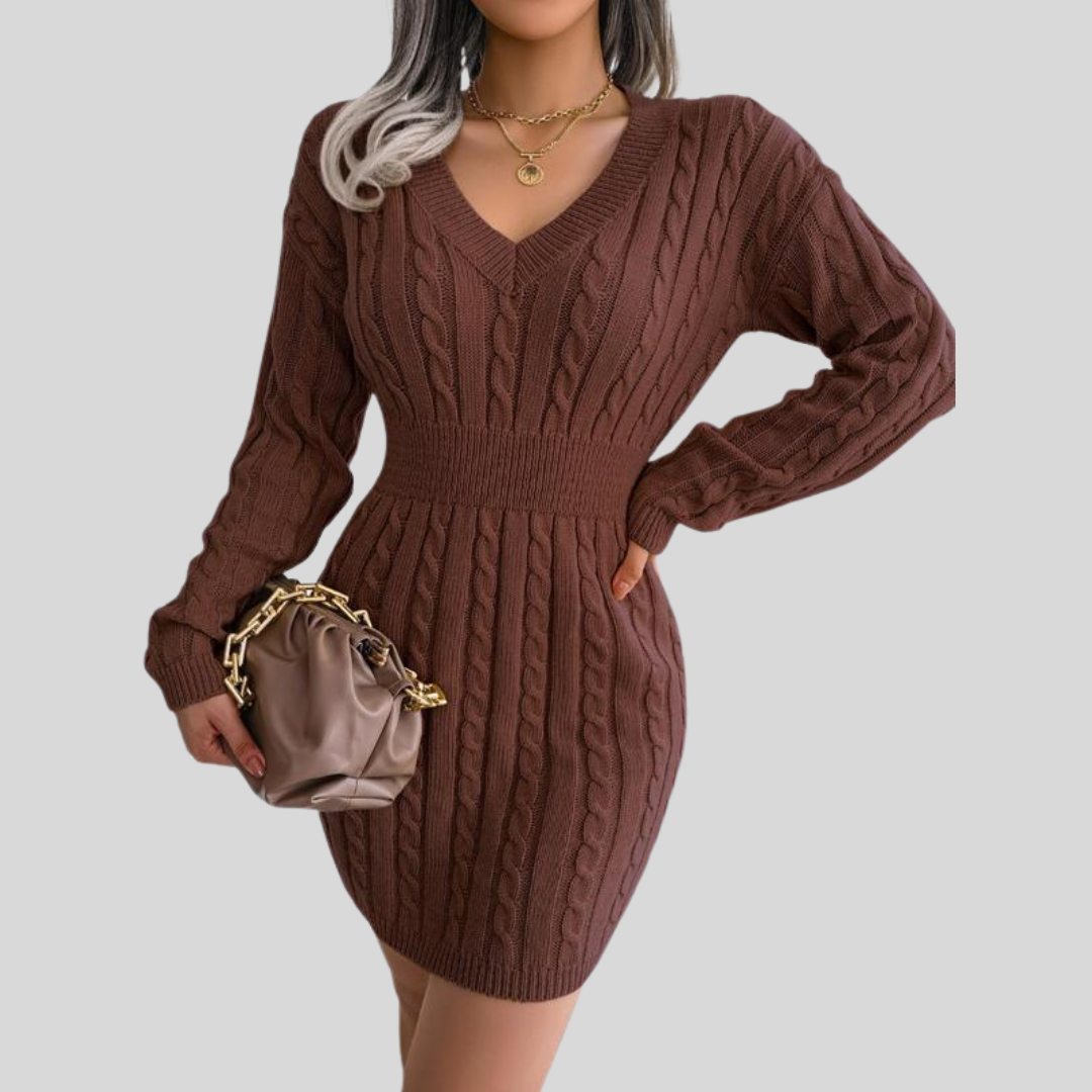 HOLLY™ - Cozy Long Sleeve V-Neck Cable Knit Sweater Dress