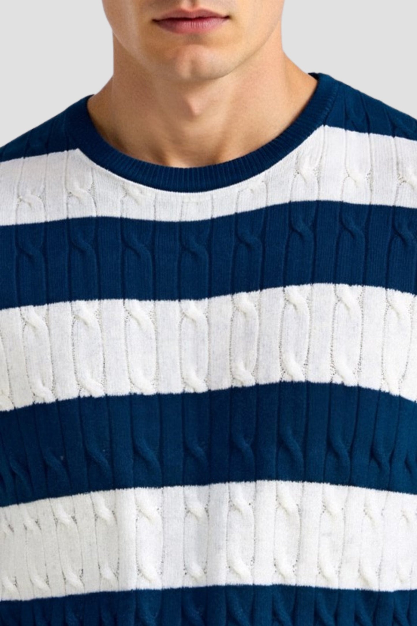 Crew Neck Cable Knit Striped T-Shirt
