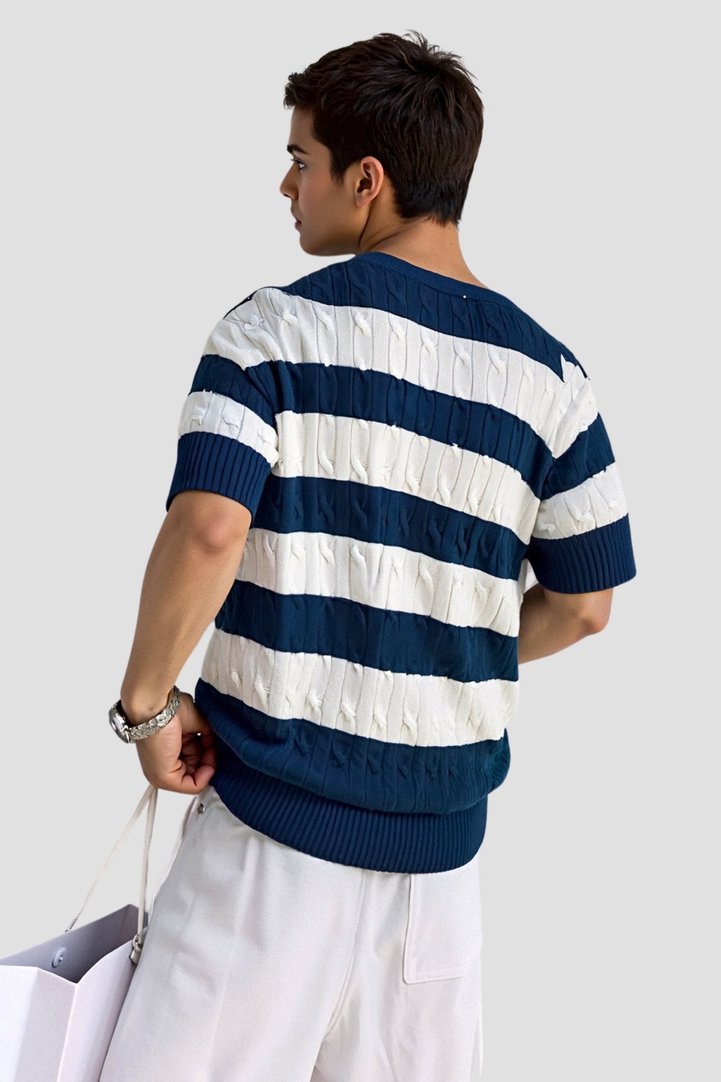 Crew Neck Cable Knit Striped T-Shirt