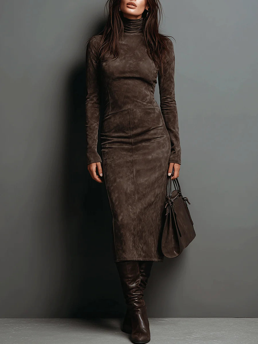 Seraphina High Neck Long Sleeve Suede Midi Dress